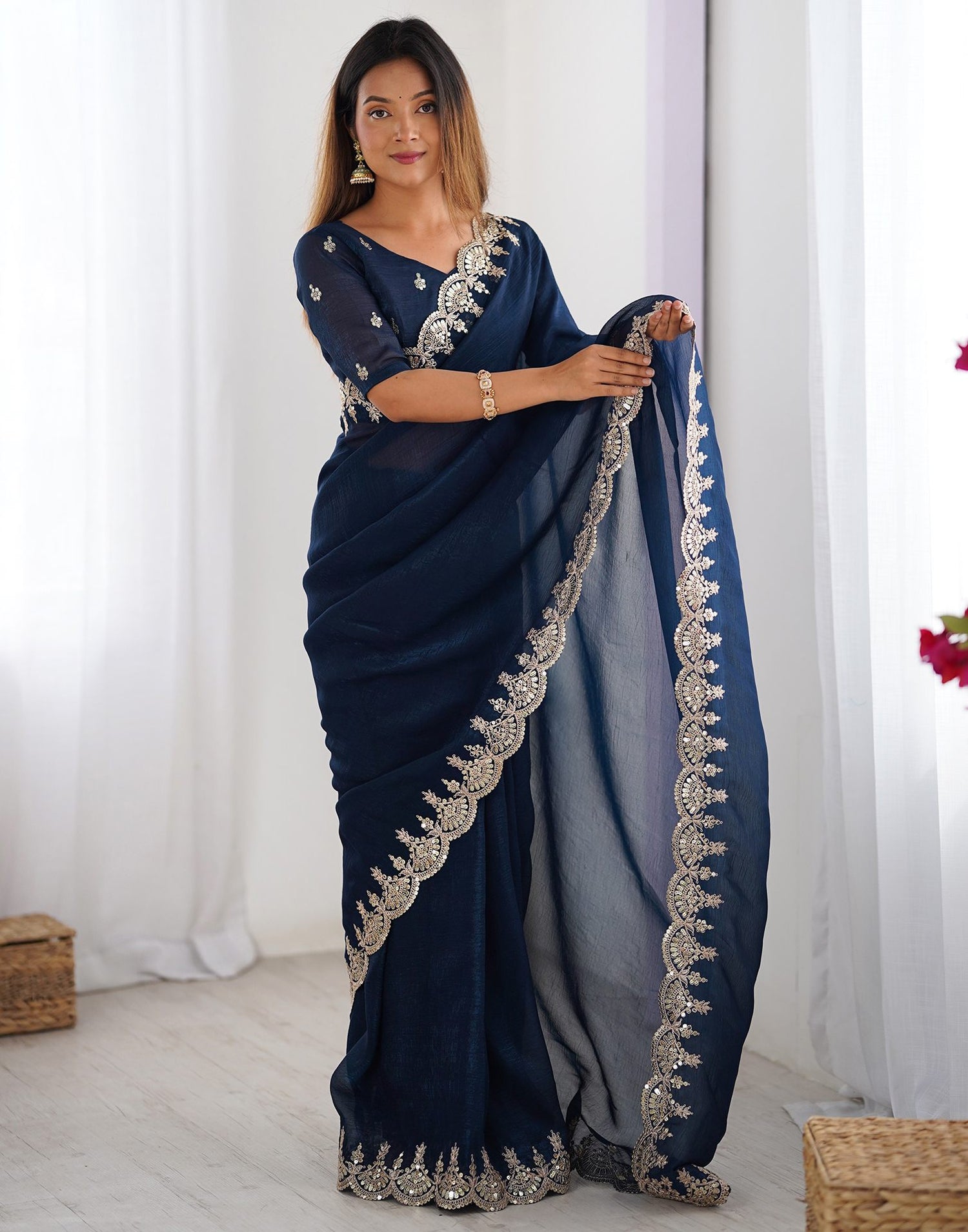 Rama Blue Shimmer Chiffon Sequence Embroidery Saree