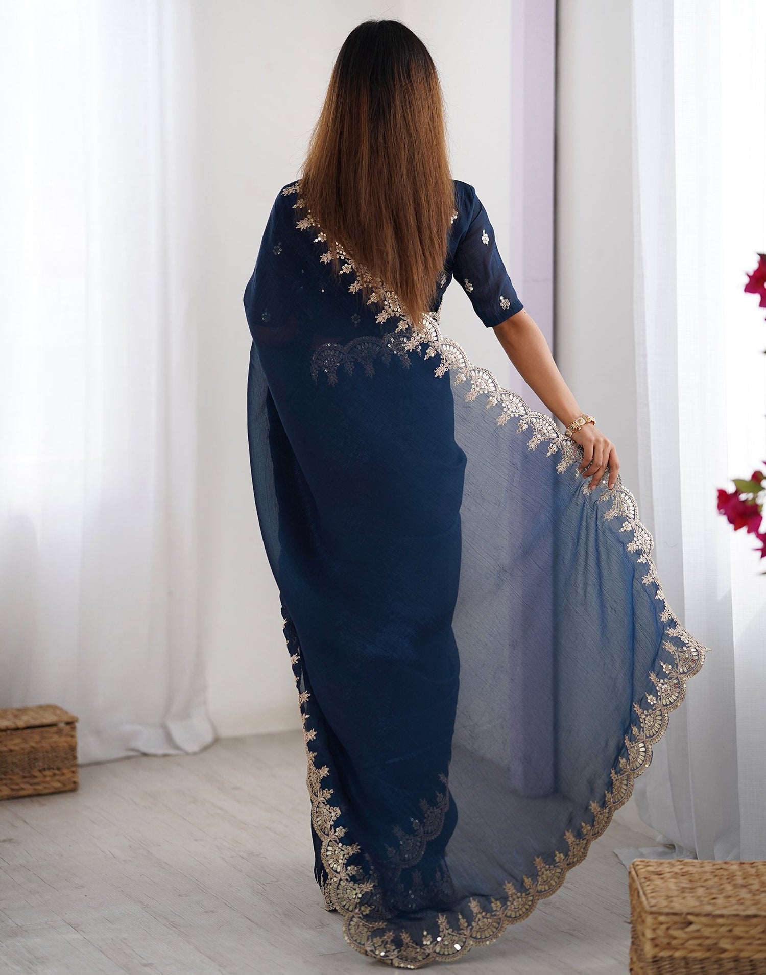 Rama Blue Shimmer Chiffon Sequence Embroidery Saree