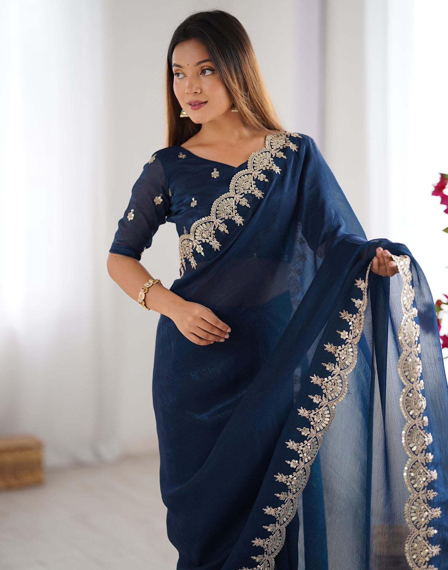 Rama Blue Shimmer Chiffon Sequence Embroidery Saree