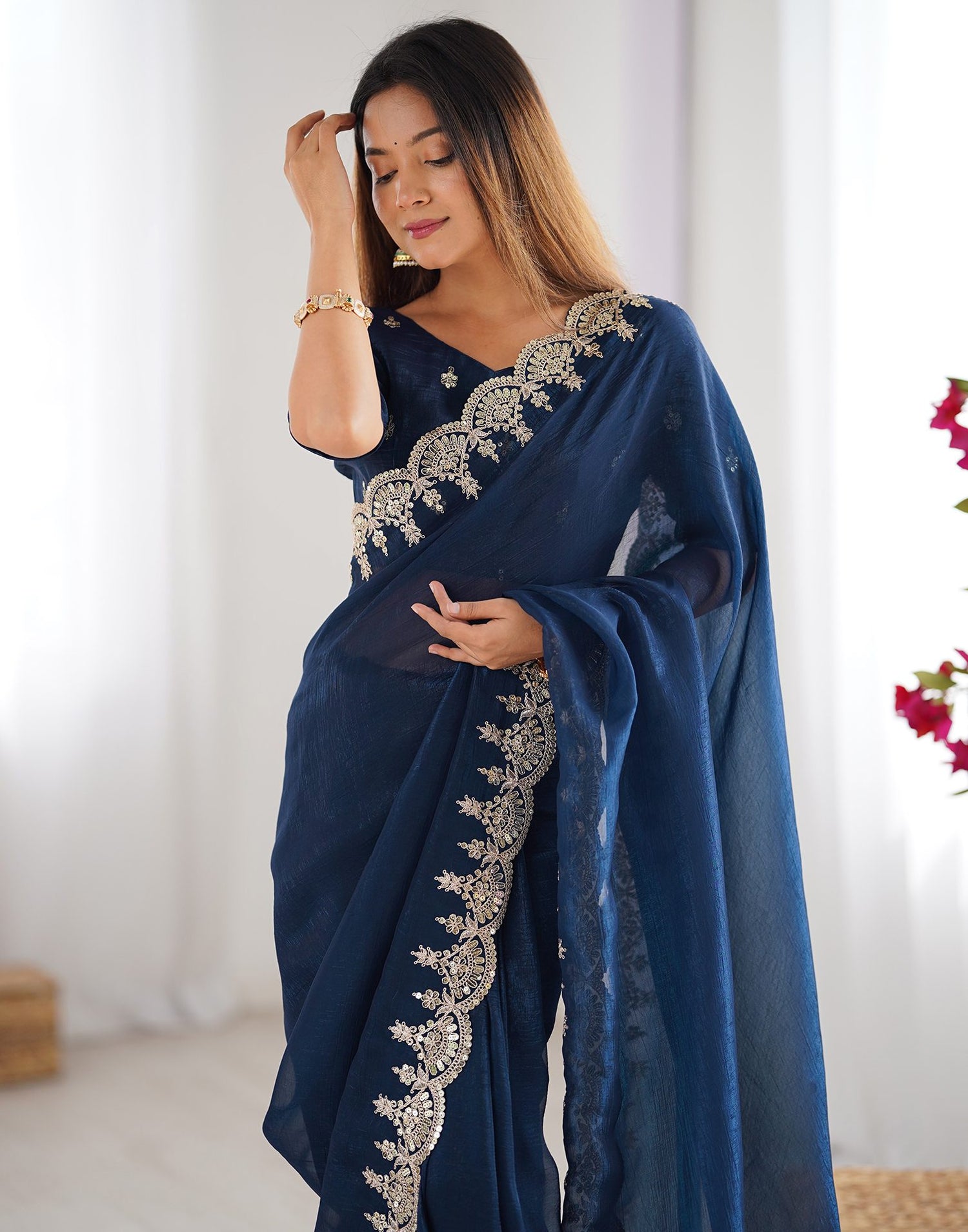Rama Blue Shimmer Chiffon Sequence Embroidery Saree