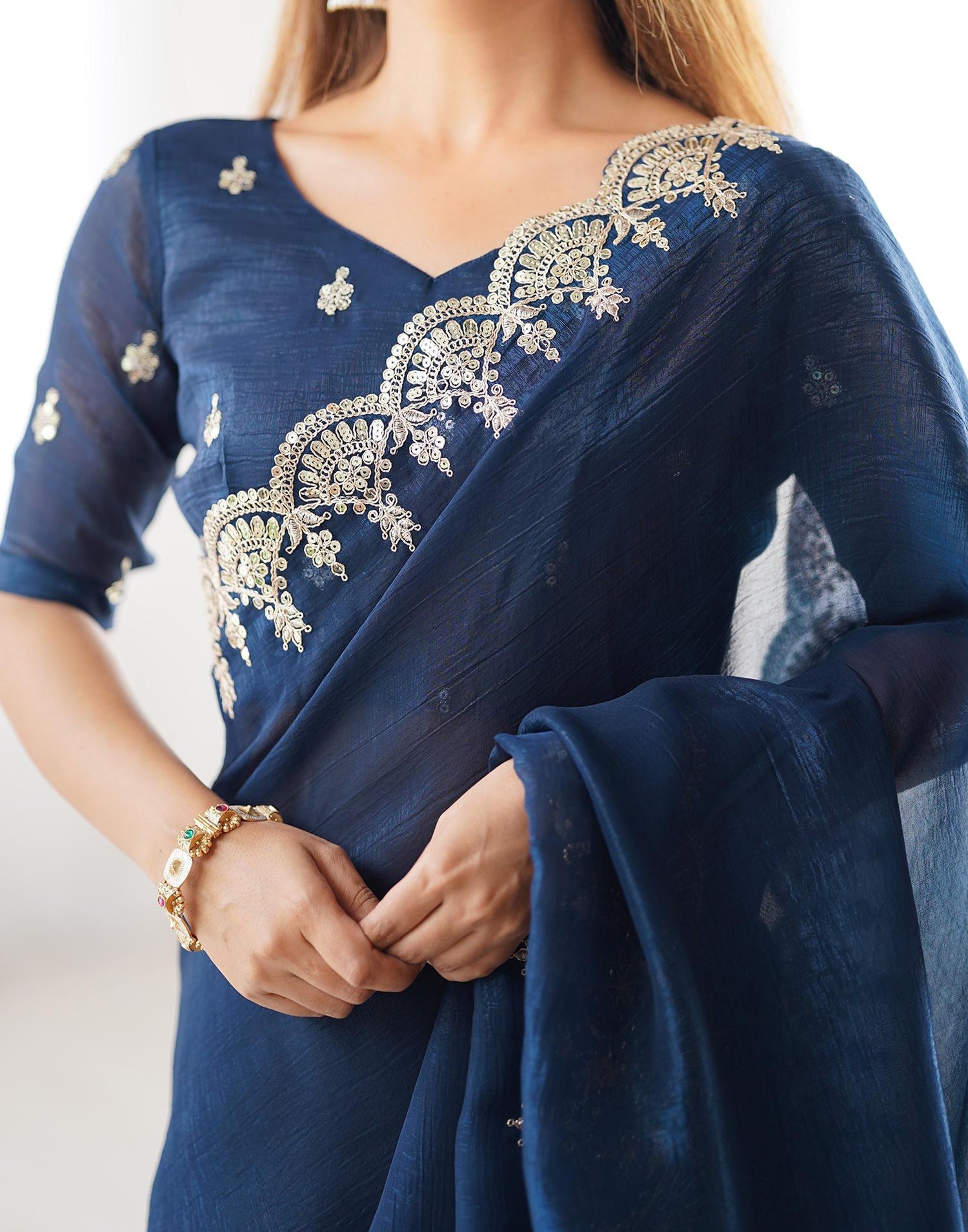 Rama Blue Shimmer Chiffon Sequence Embroidery Saree