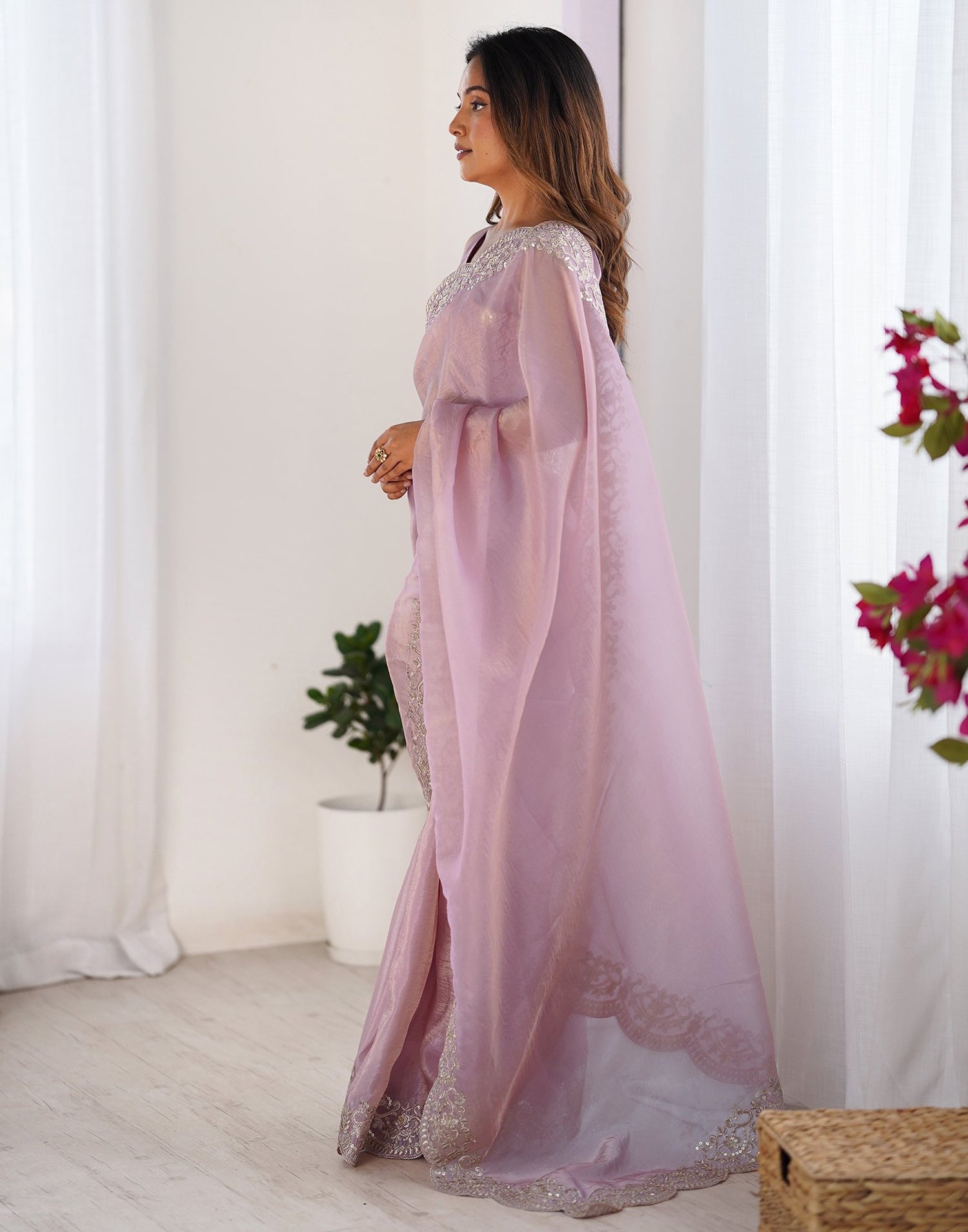 Dusty Pink Tissue Silk Sequence Embroidery Saree