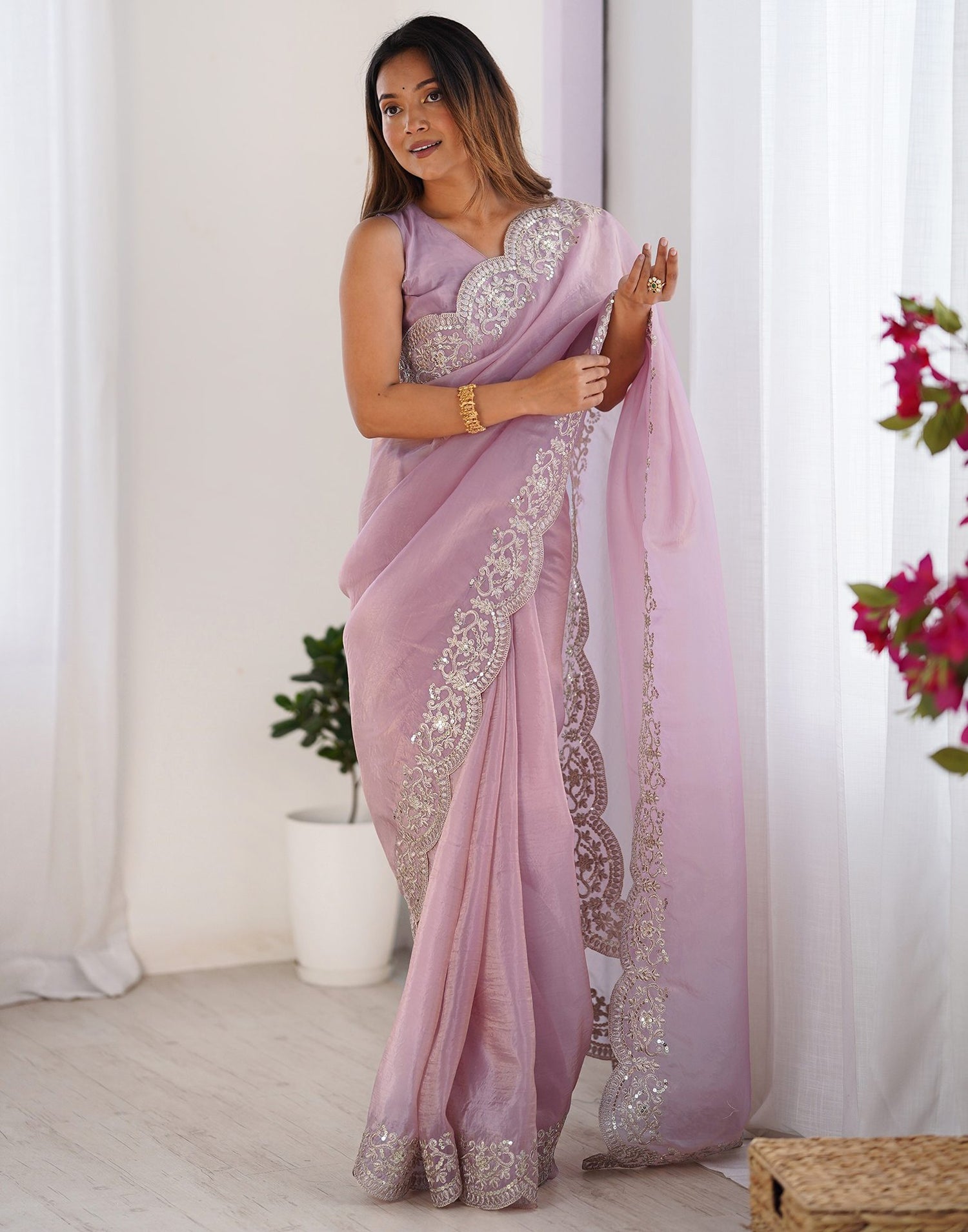 Dusty Pink Tissue Silk Sequence Embroidery Saree