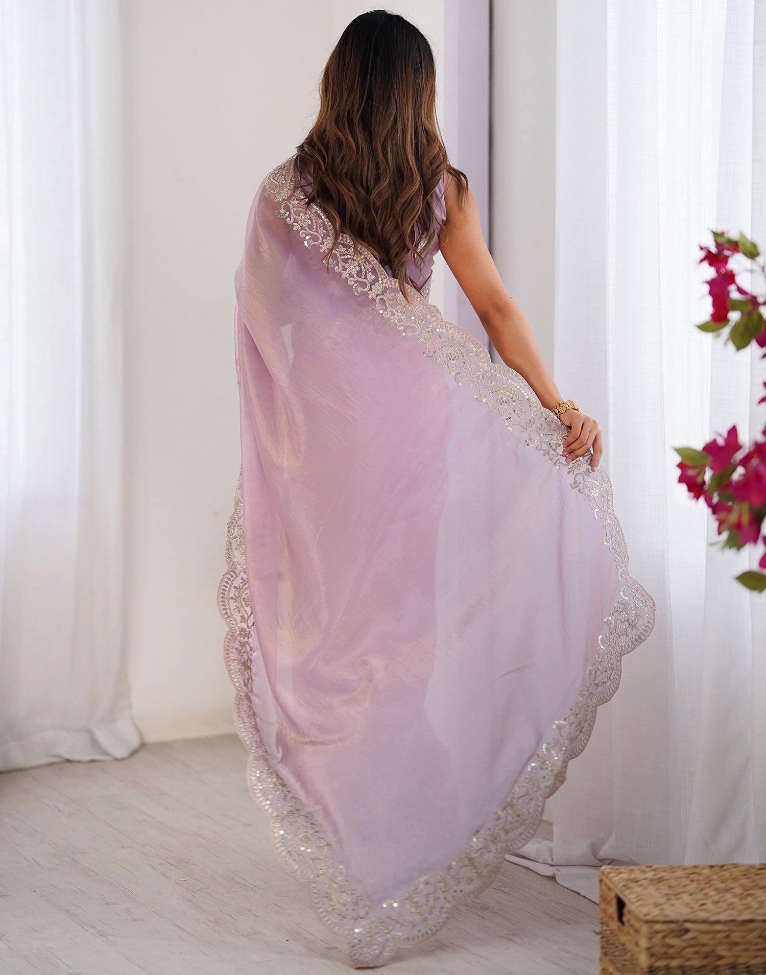 Dusty Pink Tissue Silk Sequence Embroidery Saree