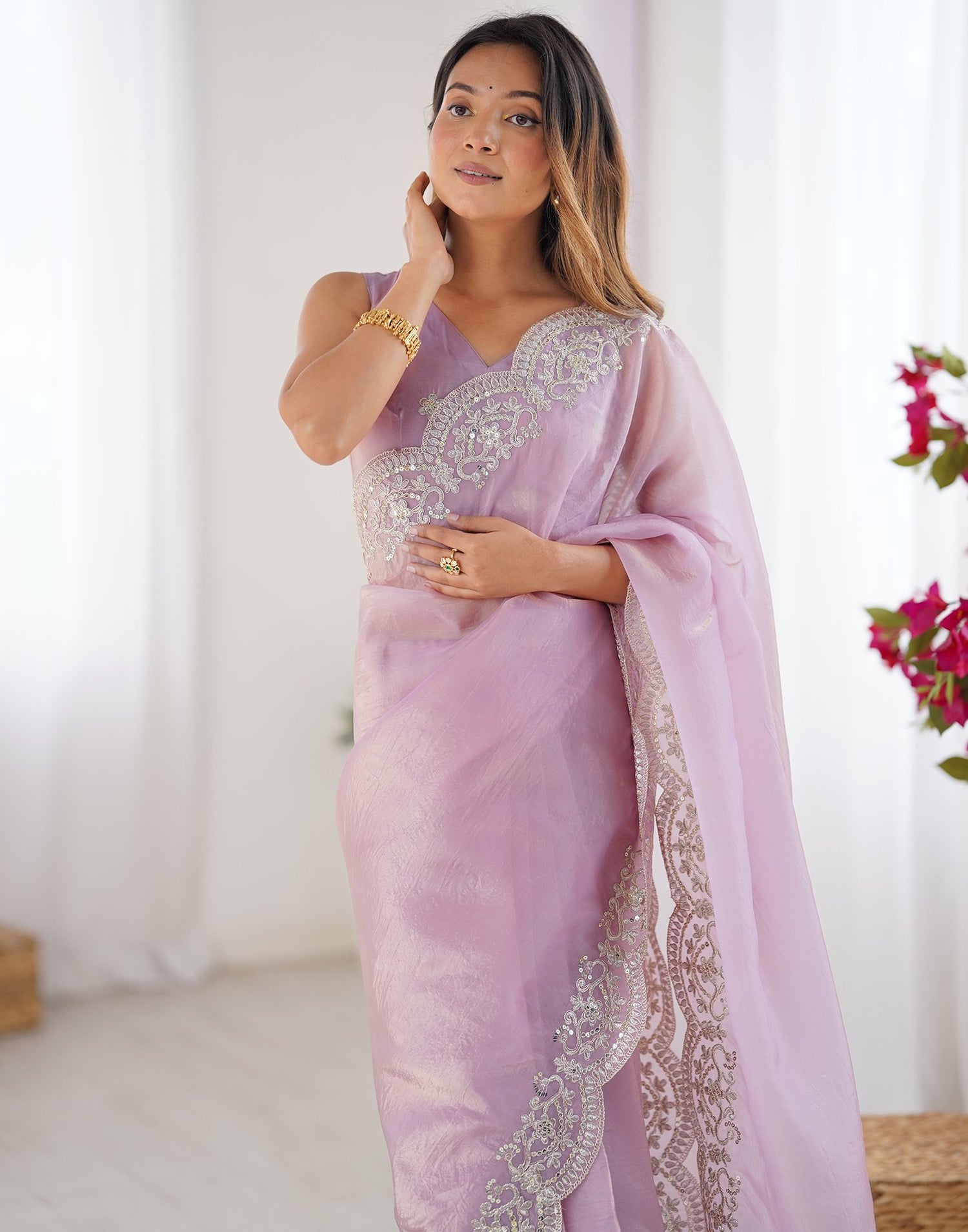 Dusty Pink Tissue Silk Sequence Embroidery Saree