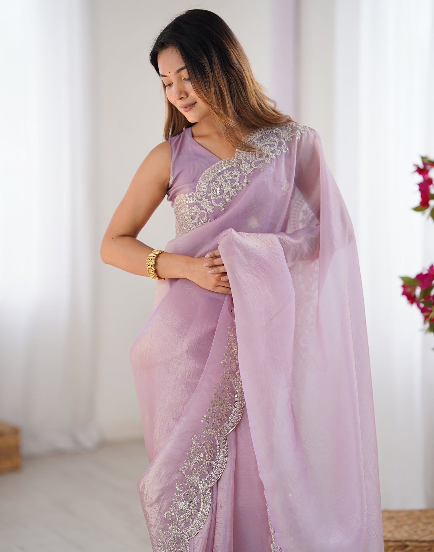 Dusty Pink Tissue Silk Sequence Embroidery Saree