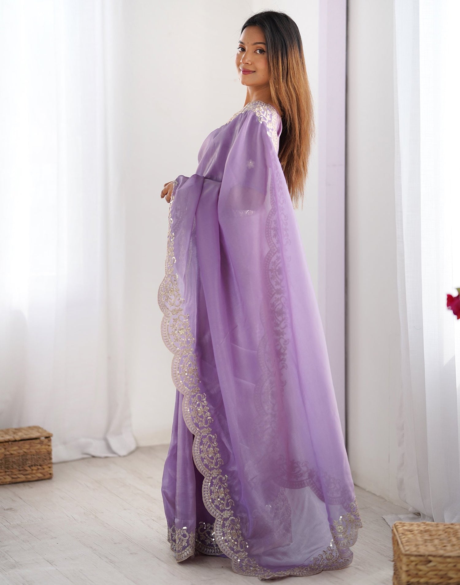 Lavender Tissue Silk Sequence Embroidery Saree