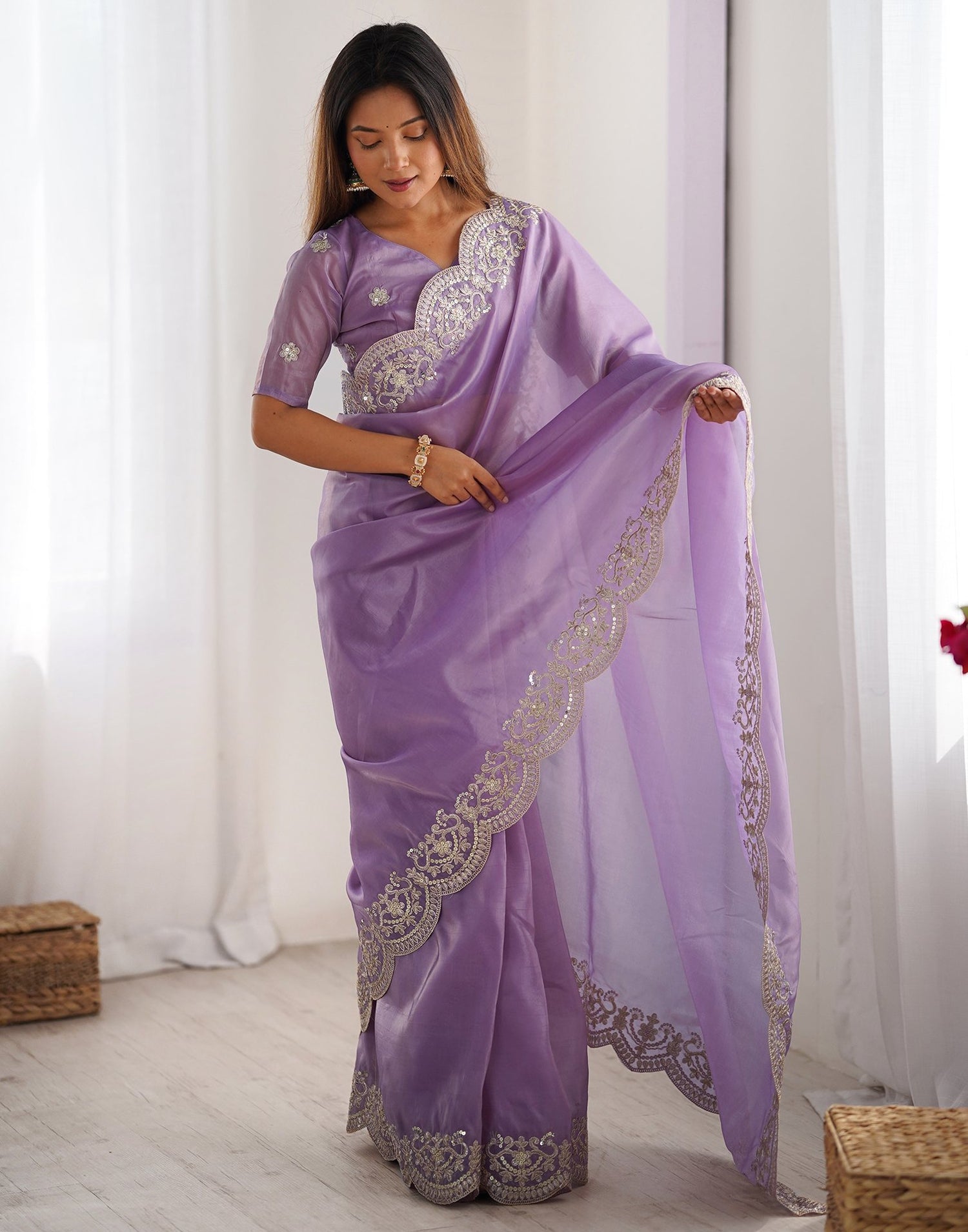 Lavender Tissue Silk Sequence Embroidery Saree