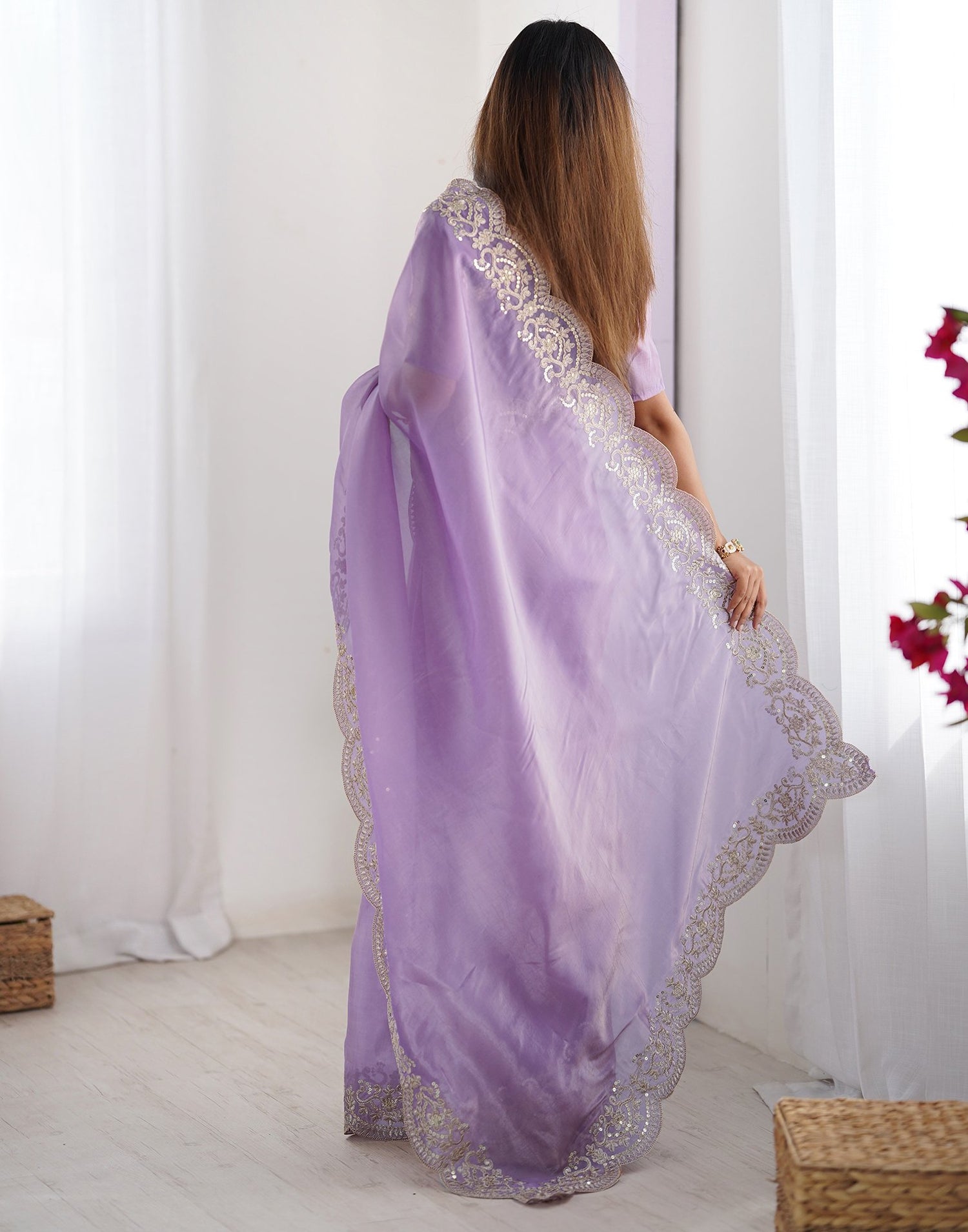 Lavender Tissue Silk Sequence Embroidery Saree