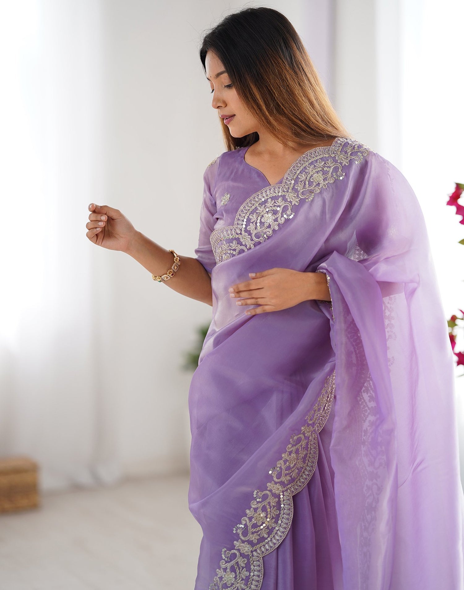 Lavender Tissue Silk Sequence Embroidery Saree