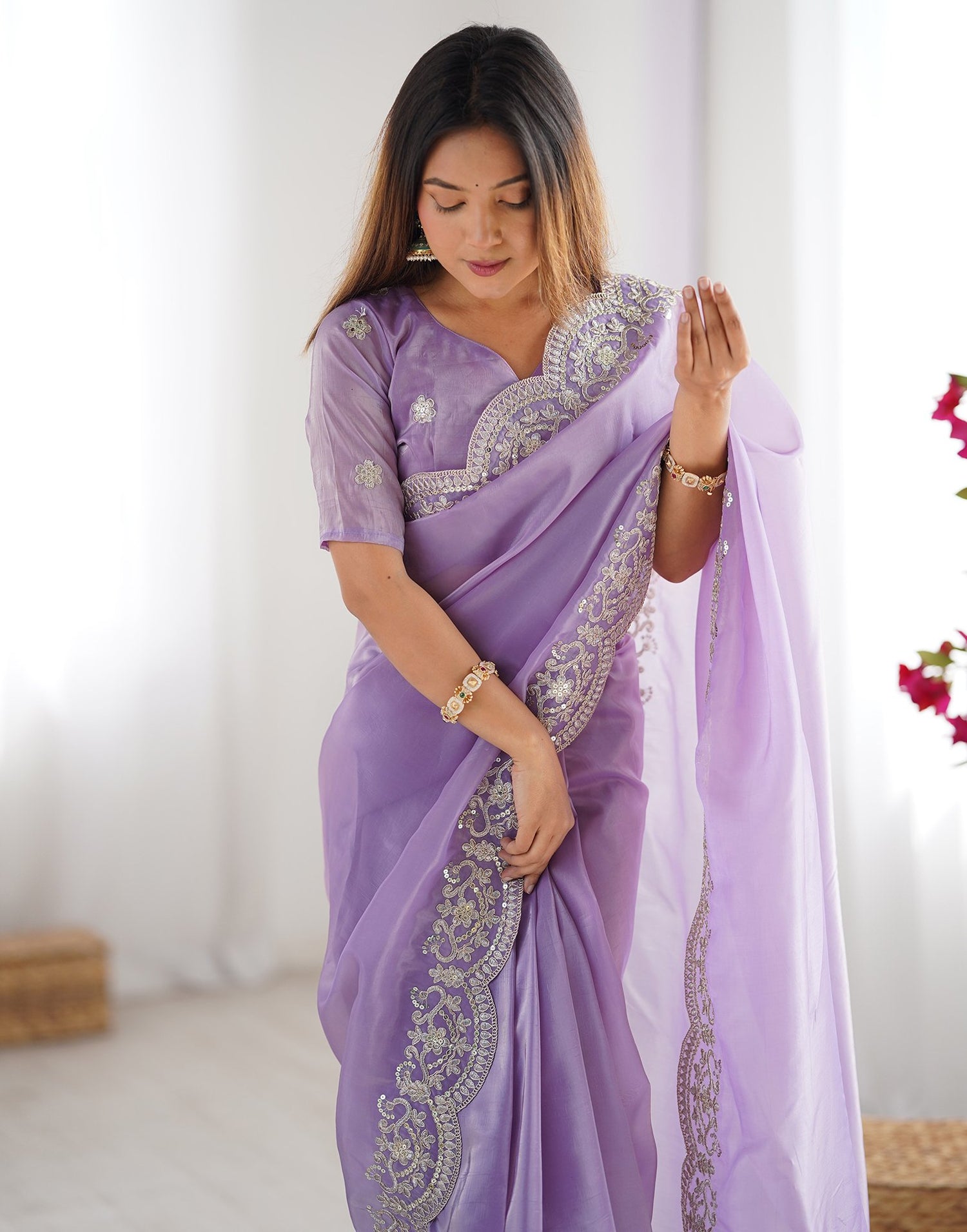 Lavender Tissue Silk Sequence Embroidery Saree