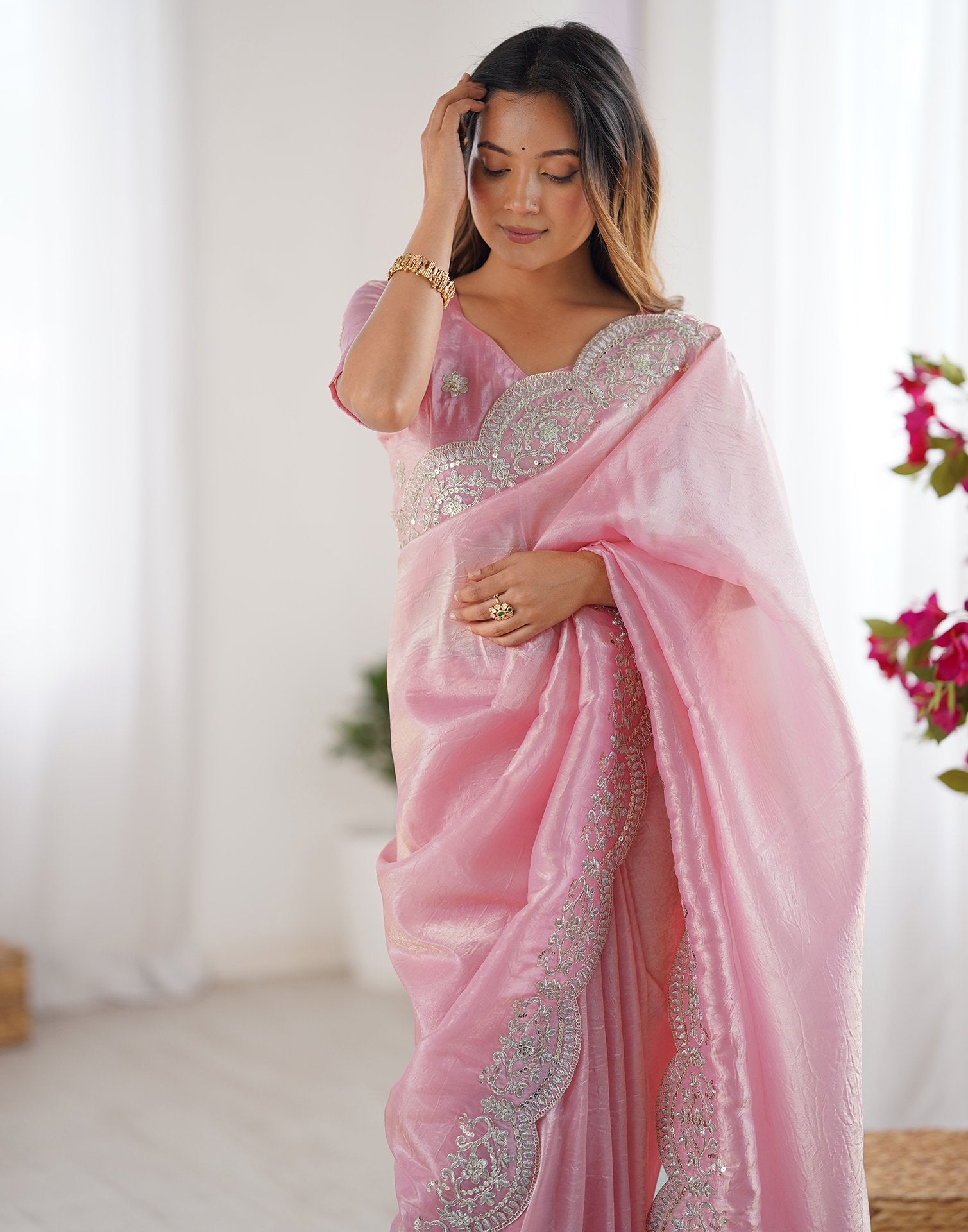 Rose Pink Tissue Silk Sequence Embroidery Saree