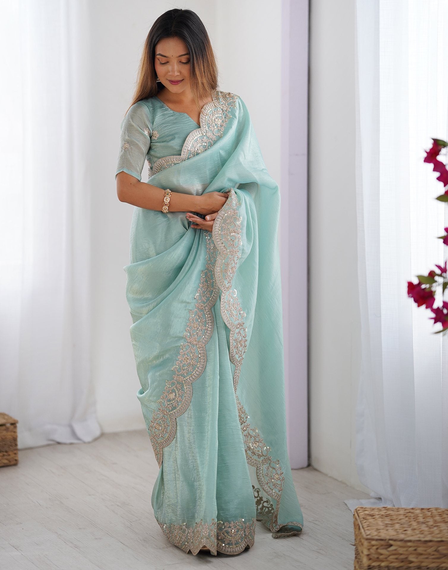 Light Mint Green Tissue Silk Sequence Embroidery Saree