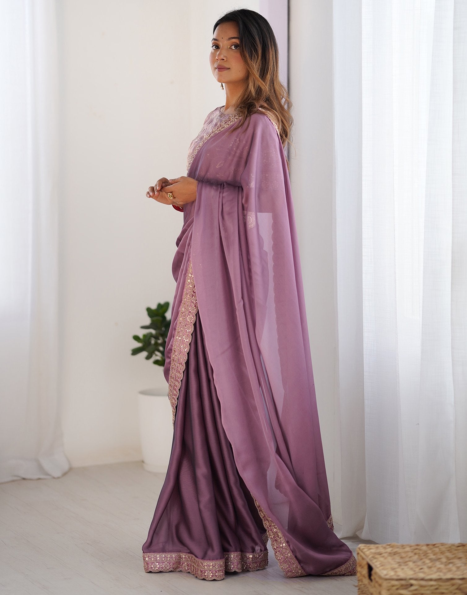 Mauve Georgette Lace Saree