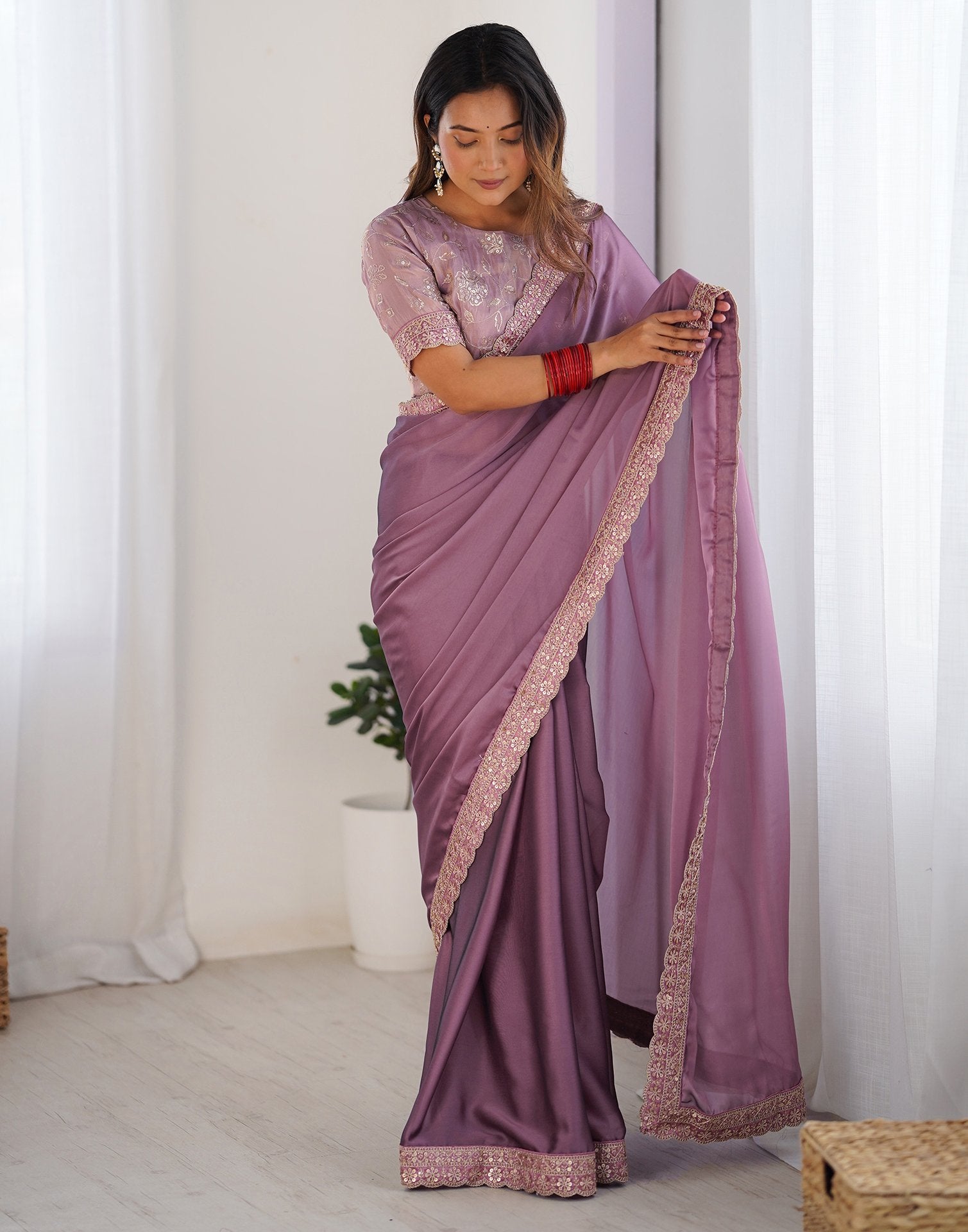 Mauve Georgette Lace Saree