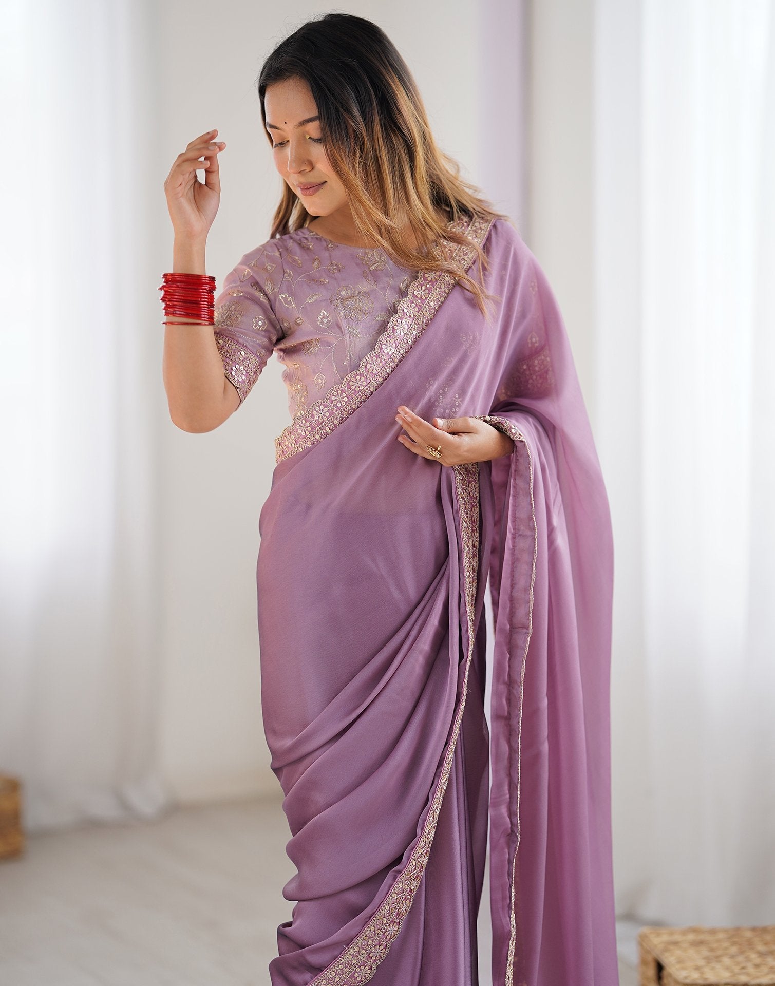 Mauve Georgette Lace Saree