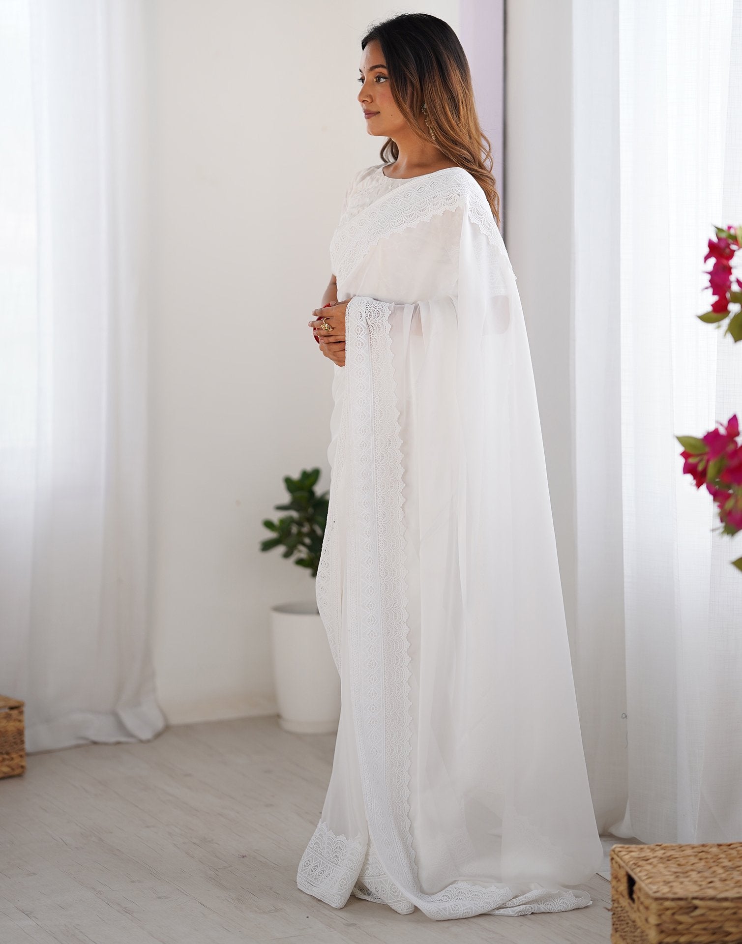 White Georgette Lace Saree