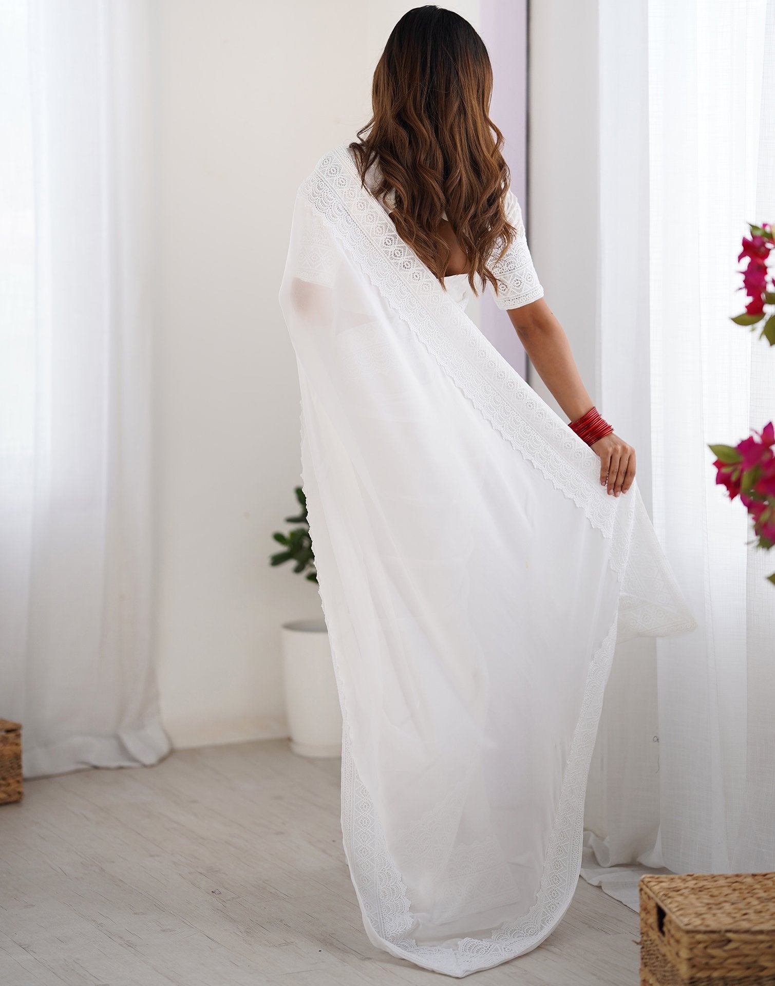 White Georgette Lace Saree