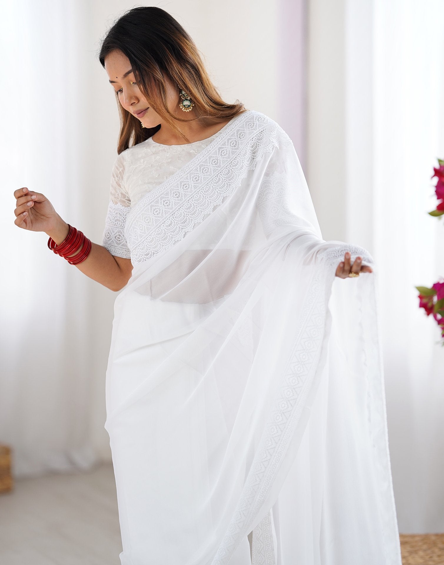 White Georgette Lace Saree