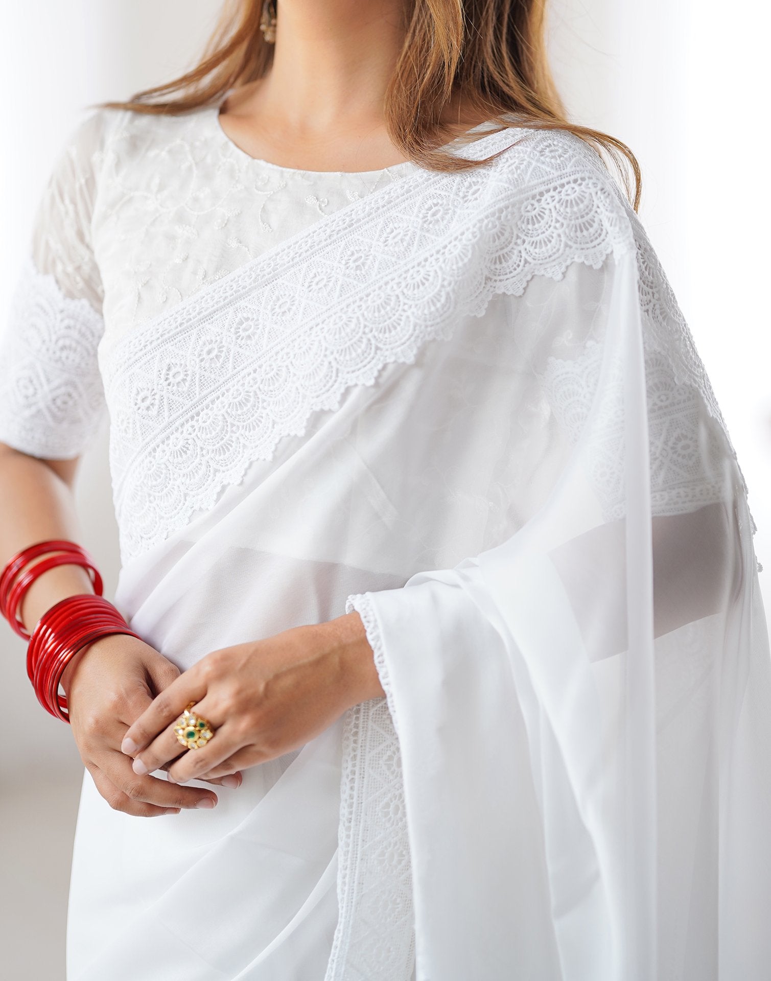 White Georgette Lace Saree