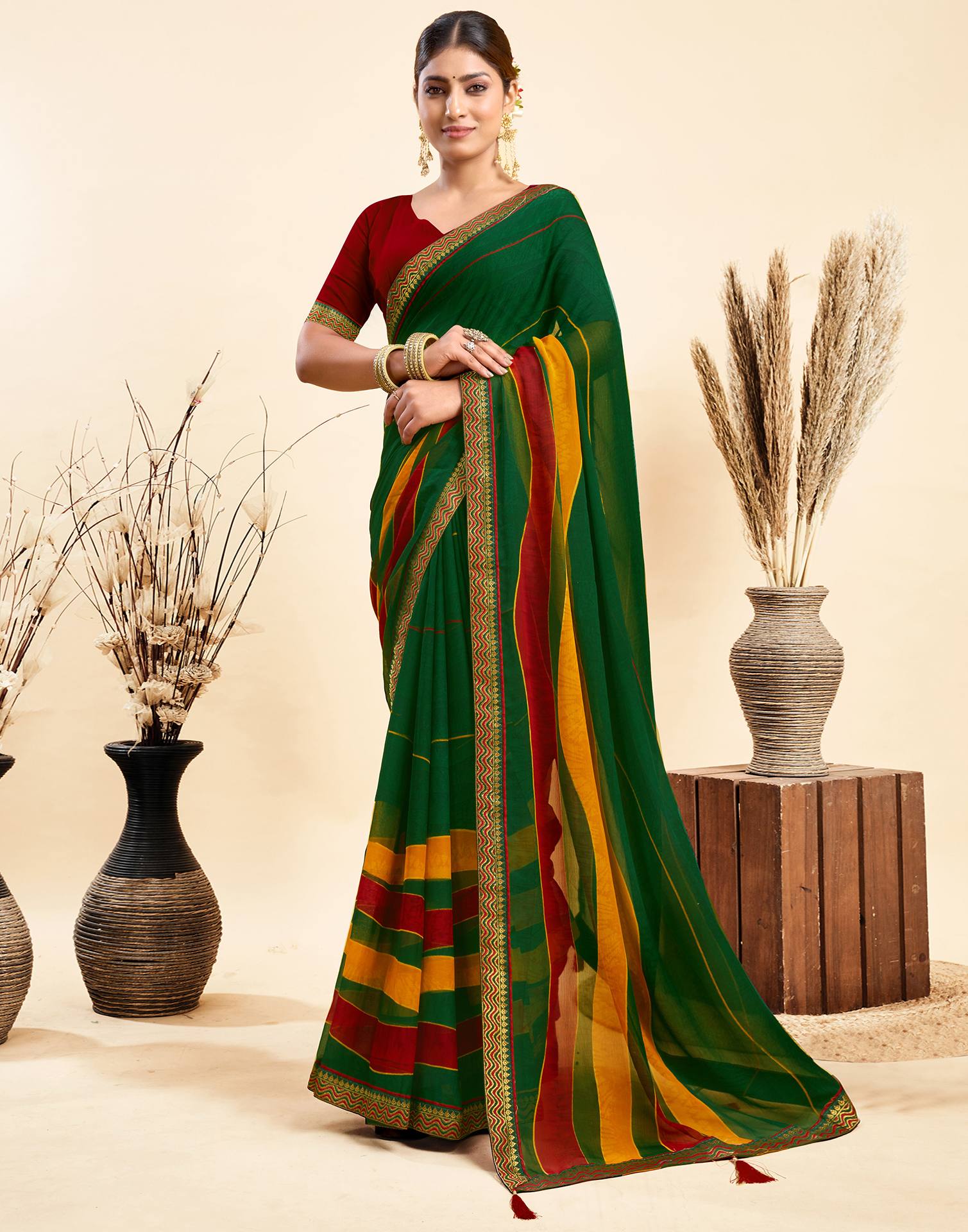 Dark Green Chiffon Printed Saree