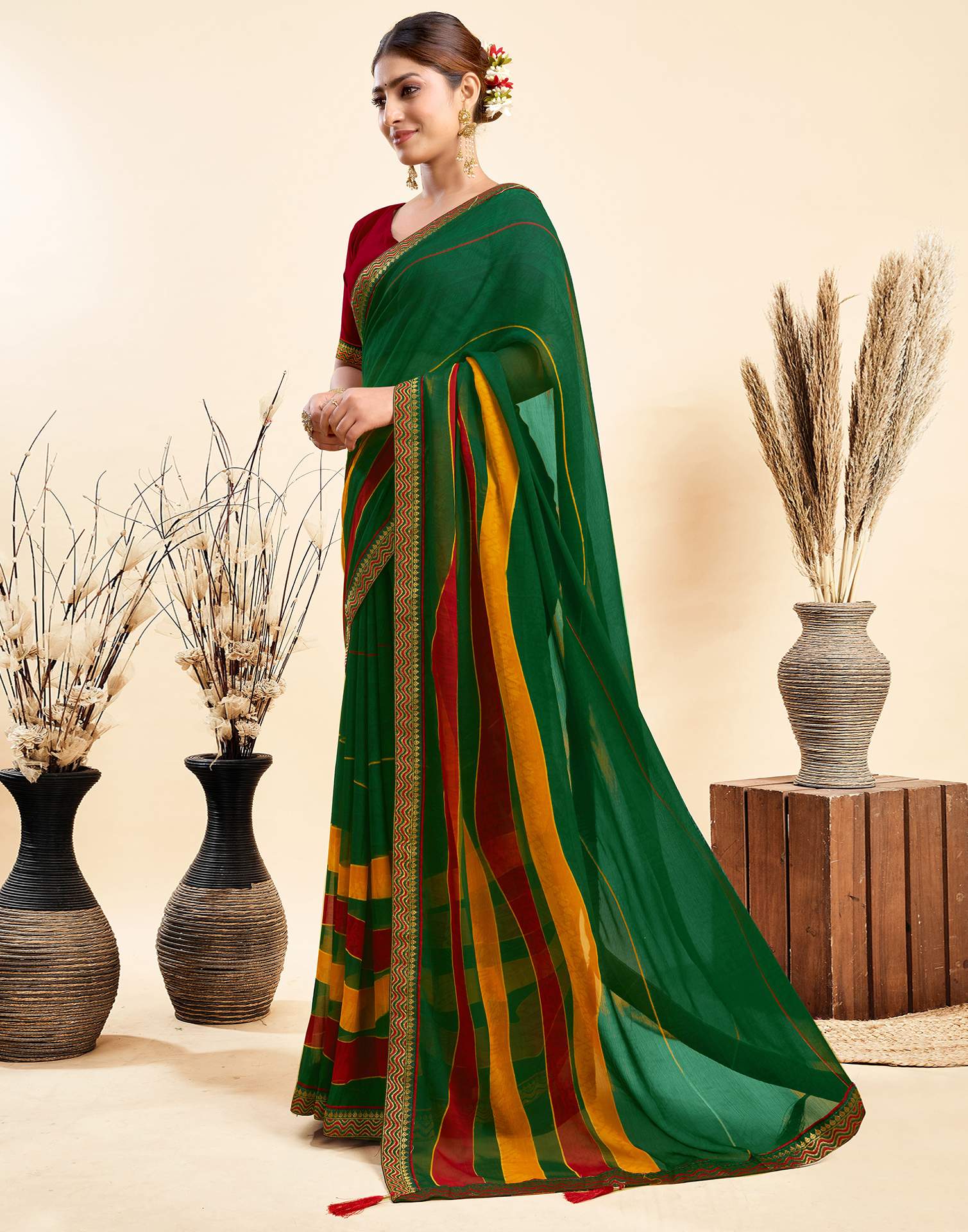 Dark Green Chiffon Printed Saree