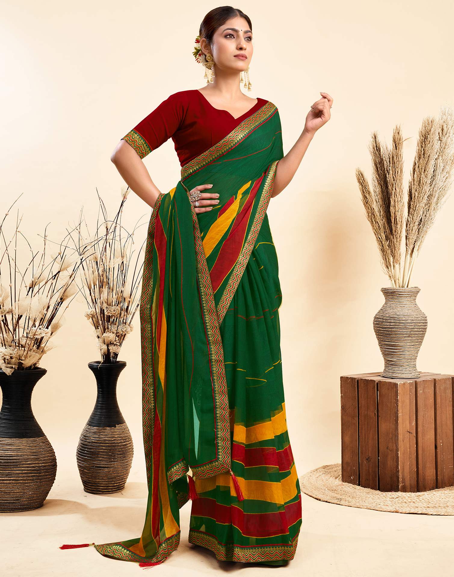 Dark Green Chiffon Printed Saree