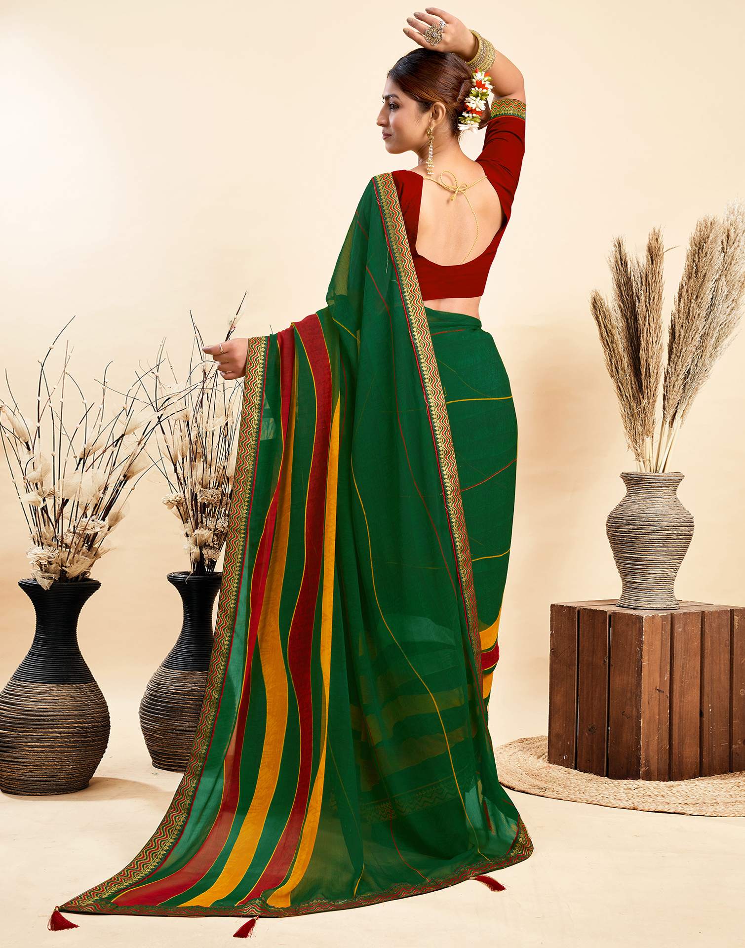 Dark Green Chiffon Printed Saree