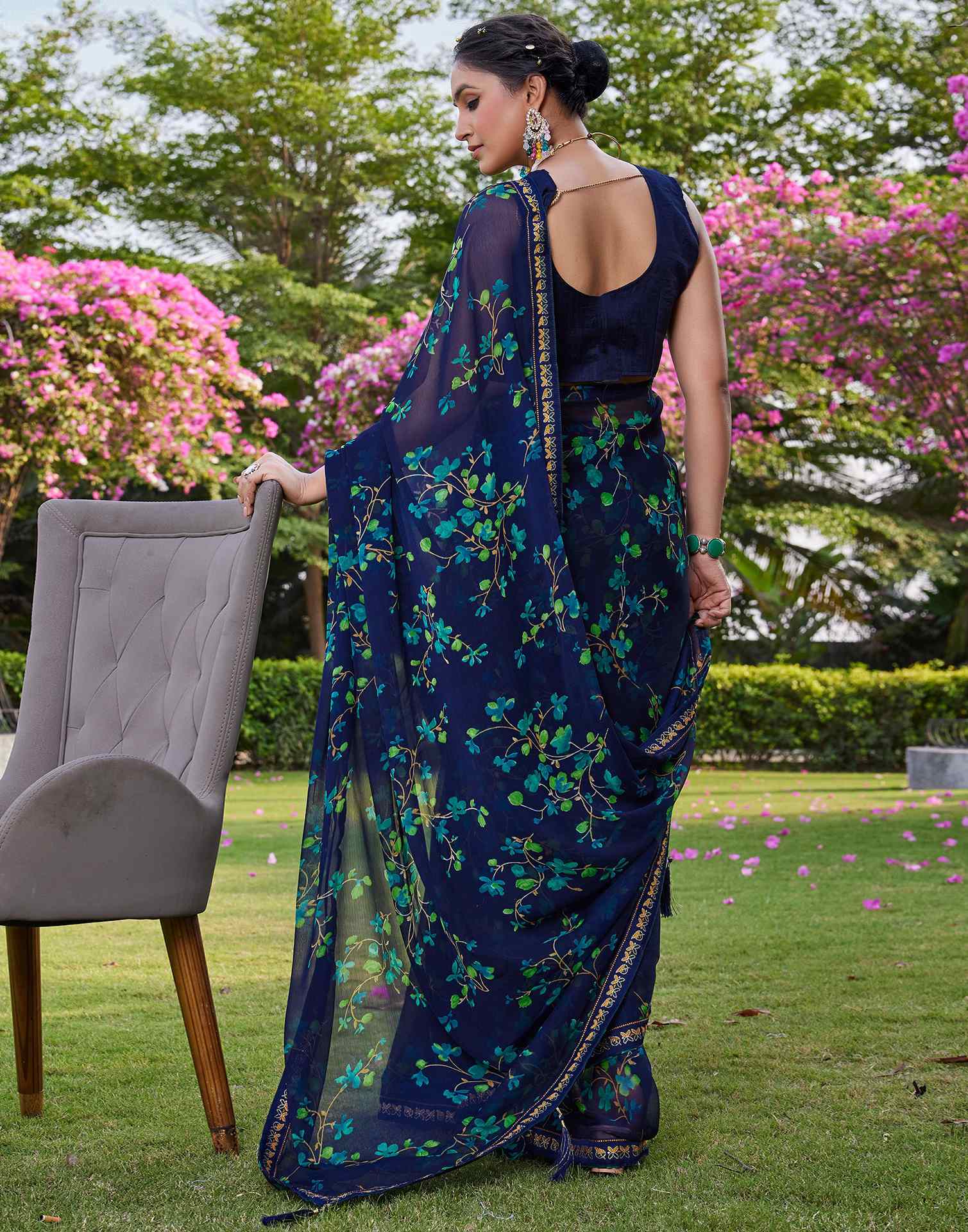 Navy Blue Chiffon Floral Printed Saree