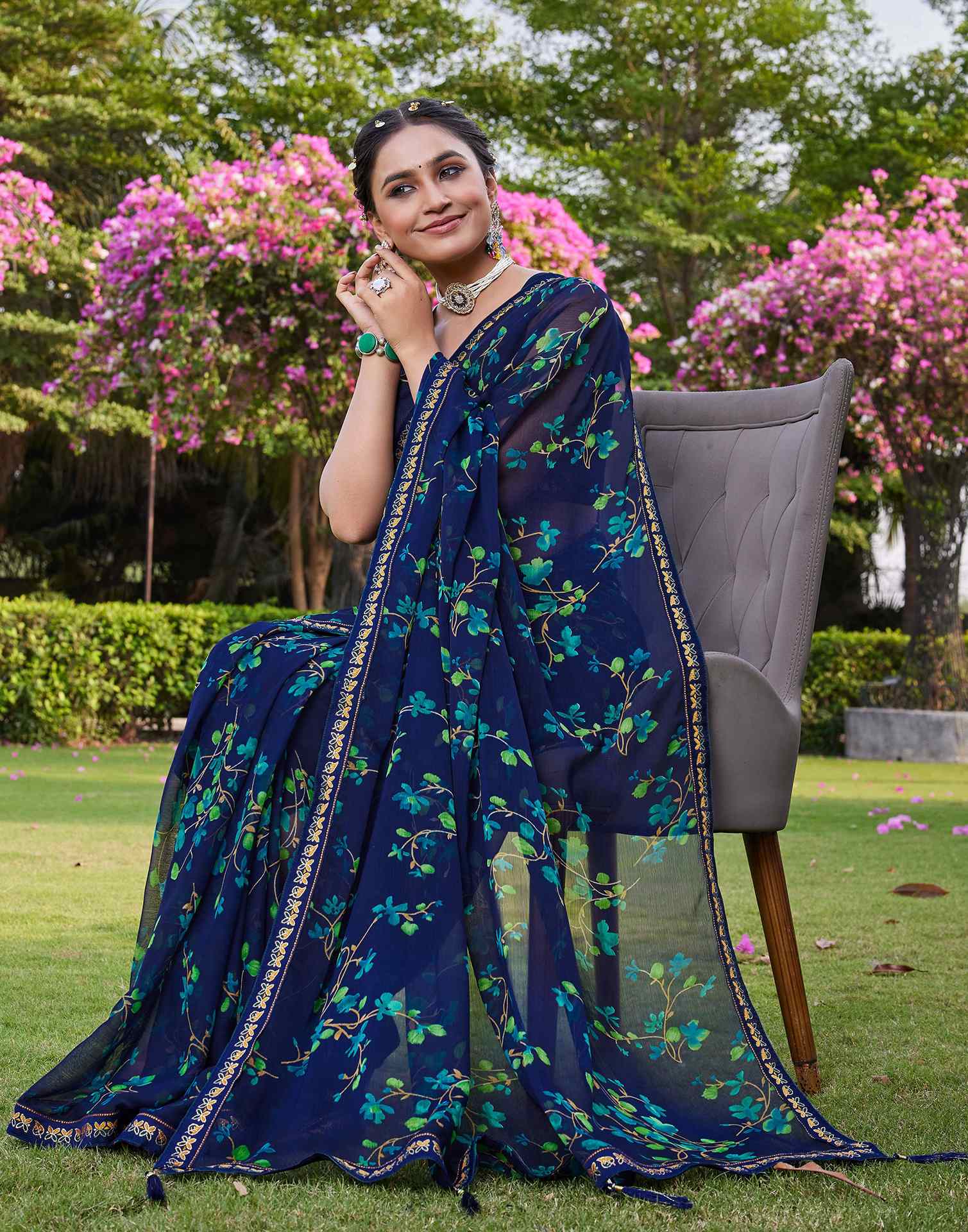 Navy Blue Chiffon Floral Printed Saree