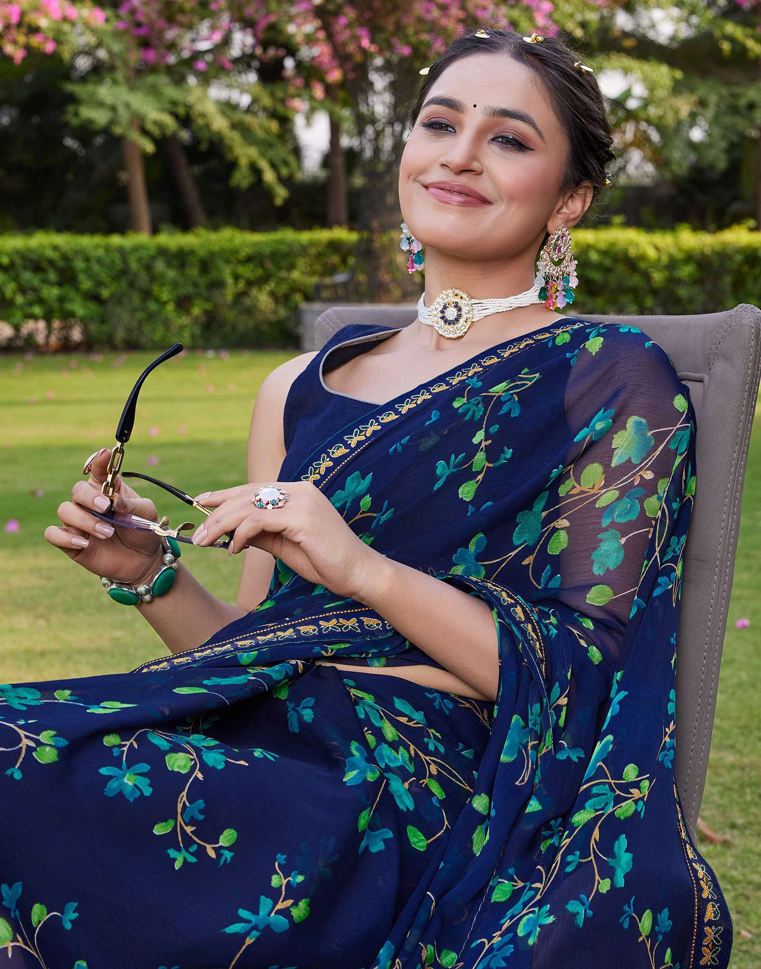 Navy Blue Chiffon Floral Printed Saree