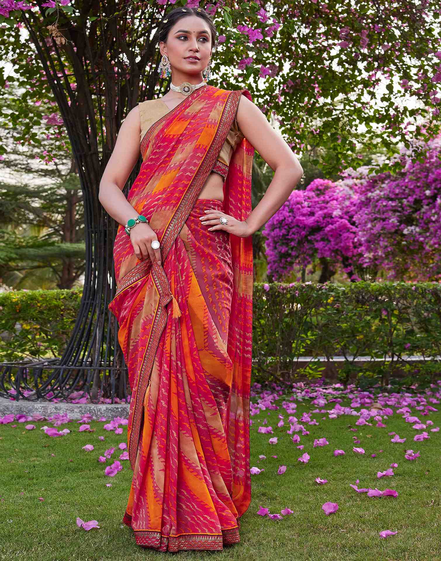 Pink Chiffon Printed Saree