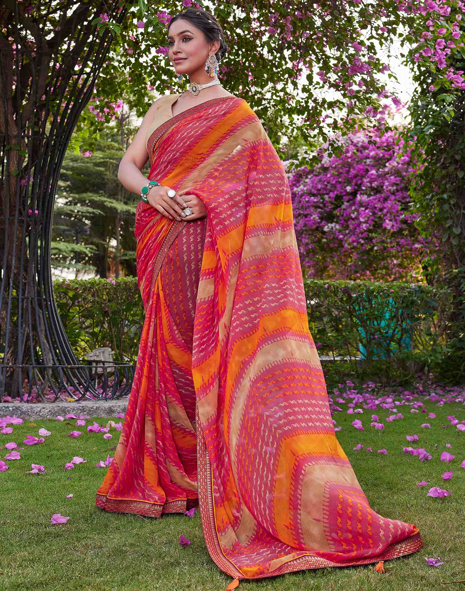Pink Chiffon Printed Saree
