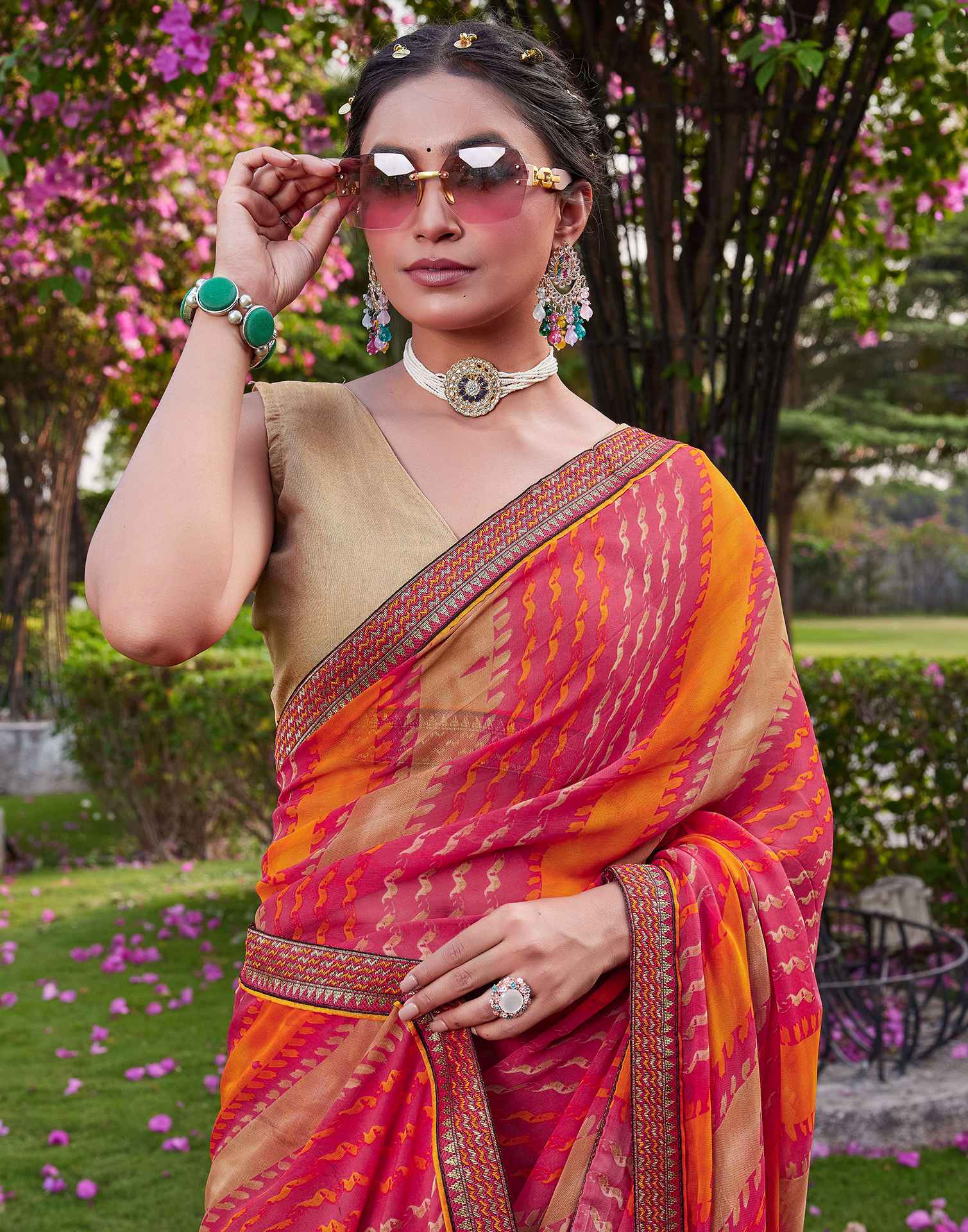 Pink Chiffon Printed Saree