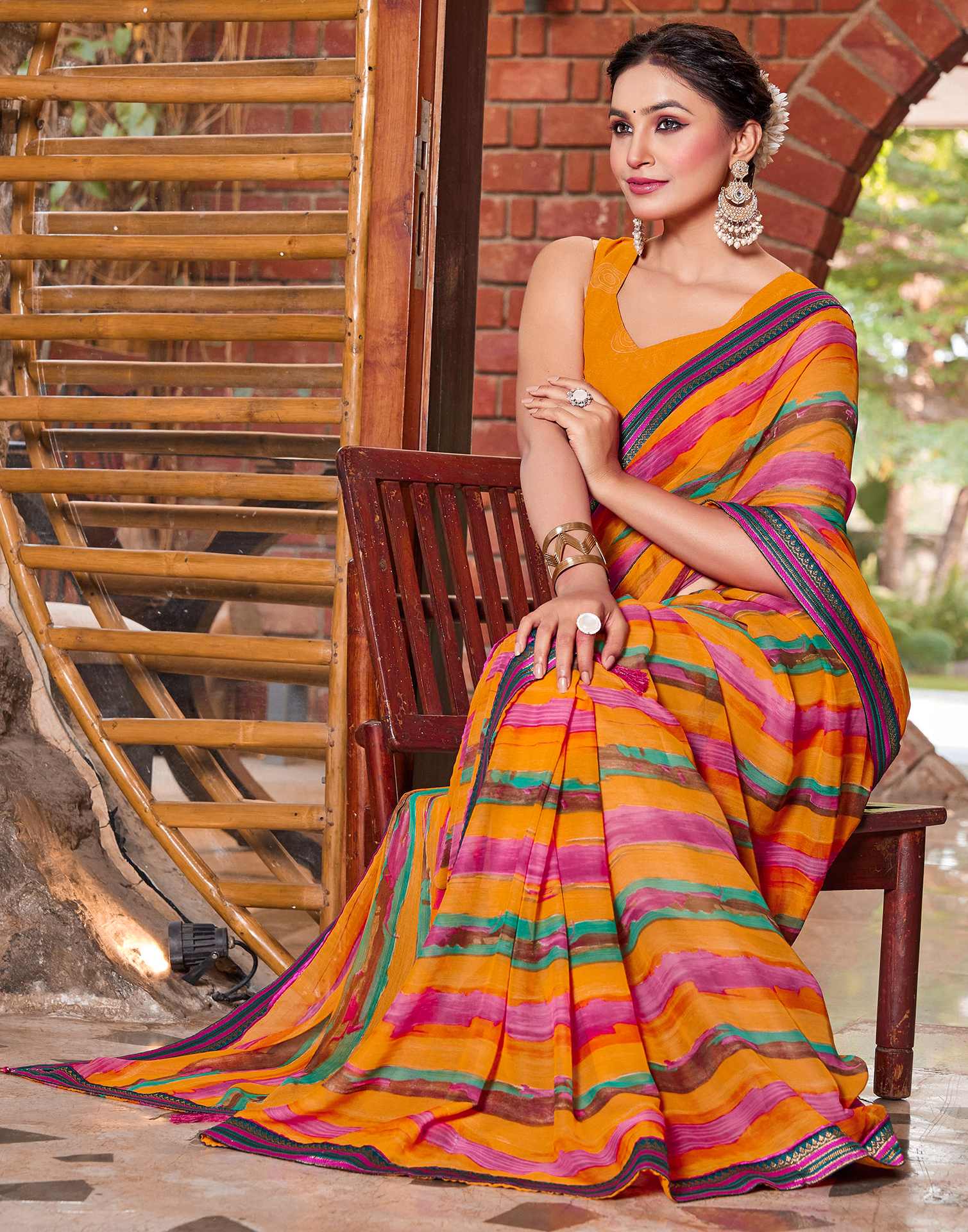 Yellow Chiffon Printed Saree