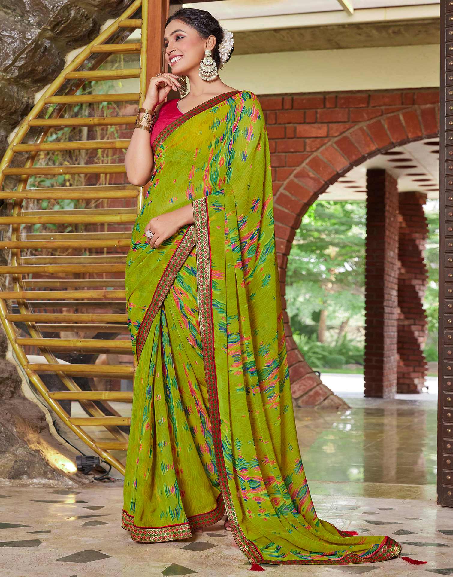 Green Chiffon Printed Saree