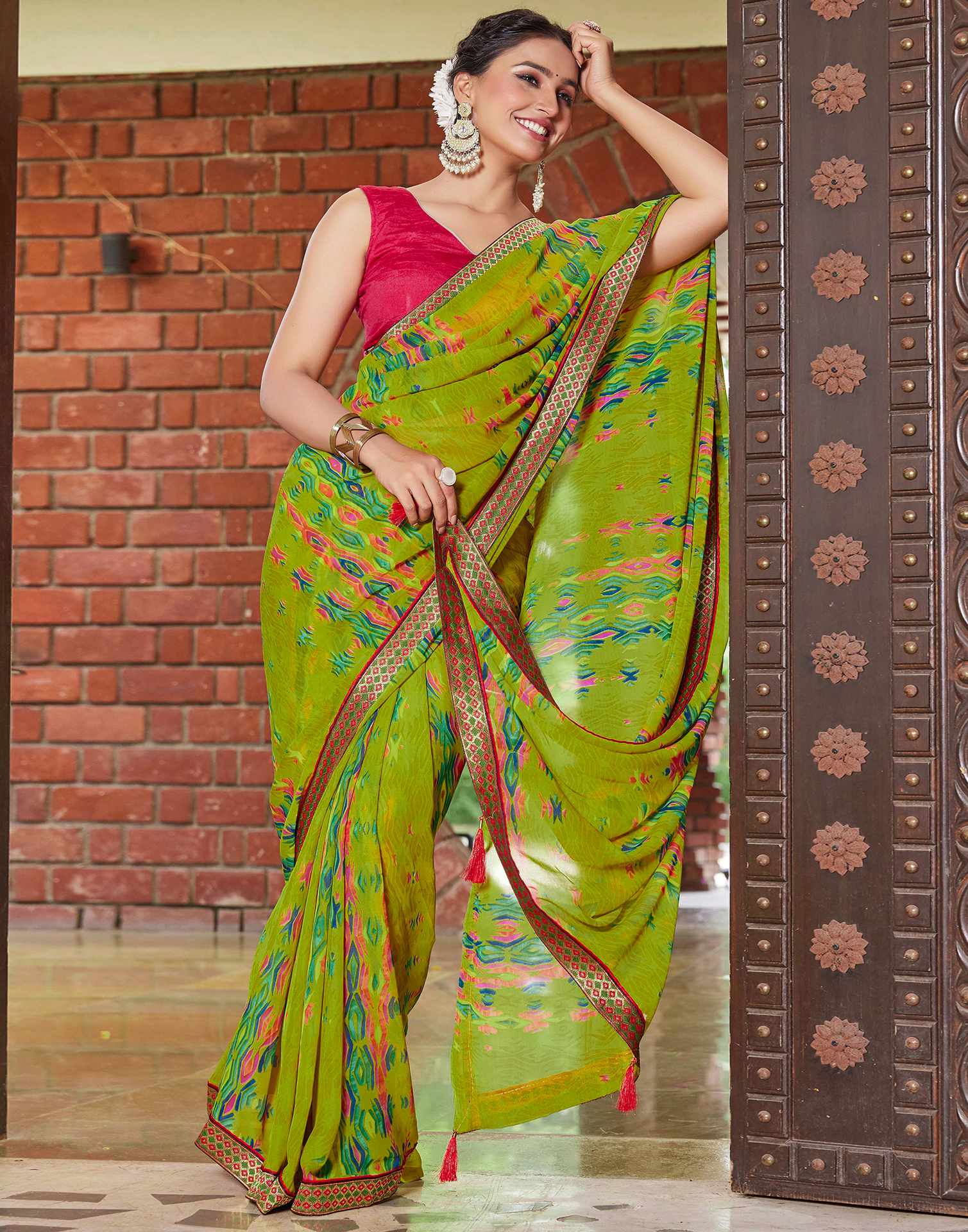 Green Chiffon Printed Saree