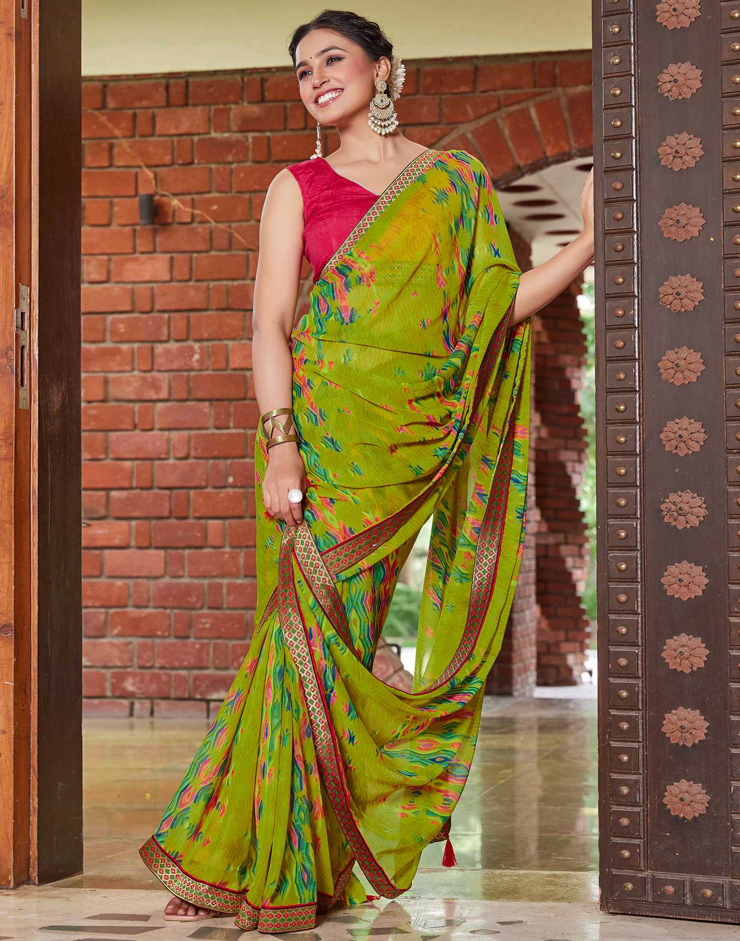 Green Chiffon Printed Saree