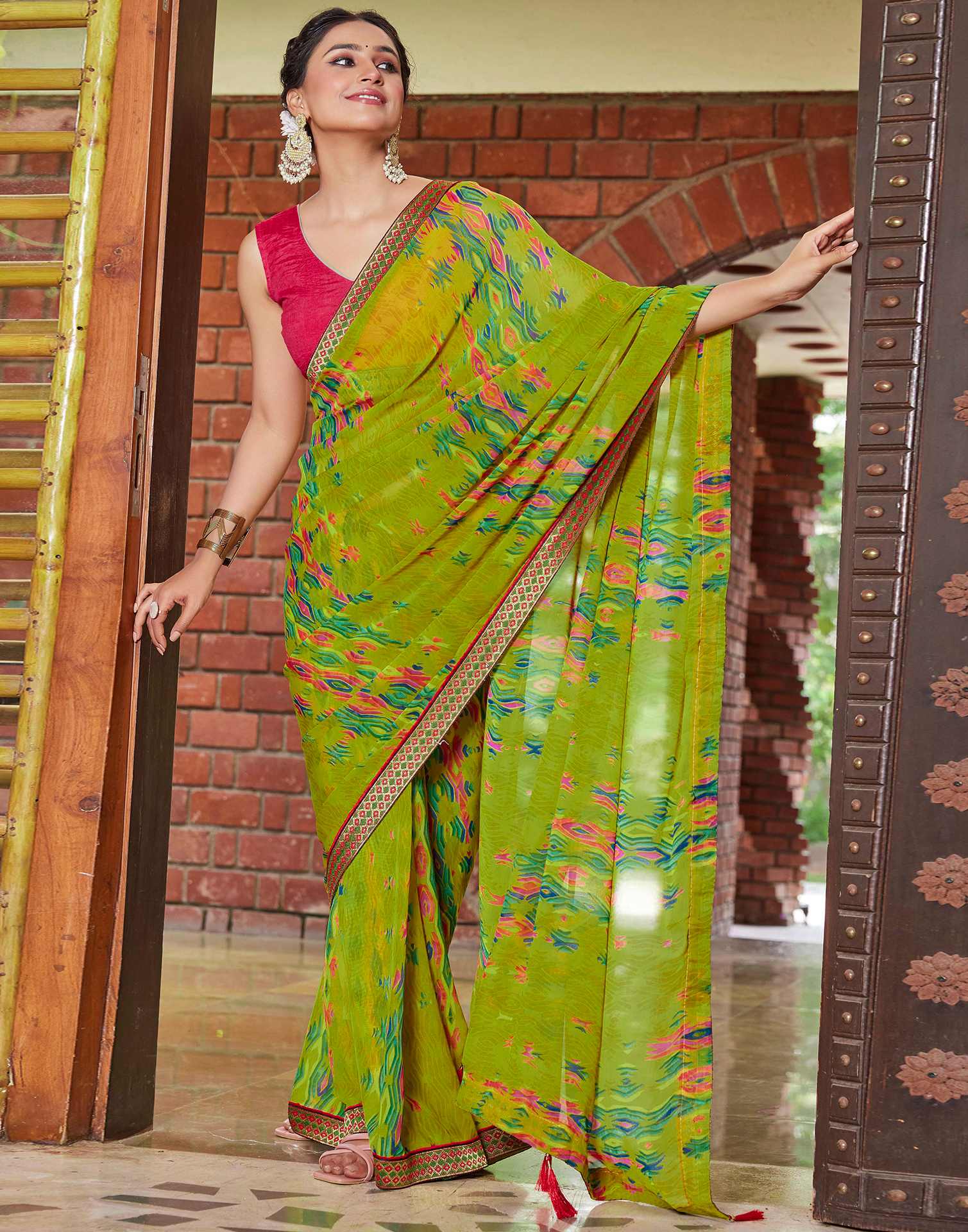 Green Chiffon Printed Saree