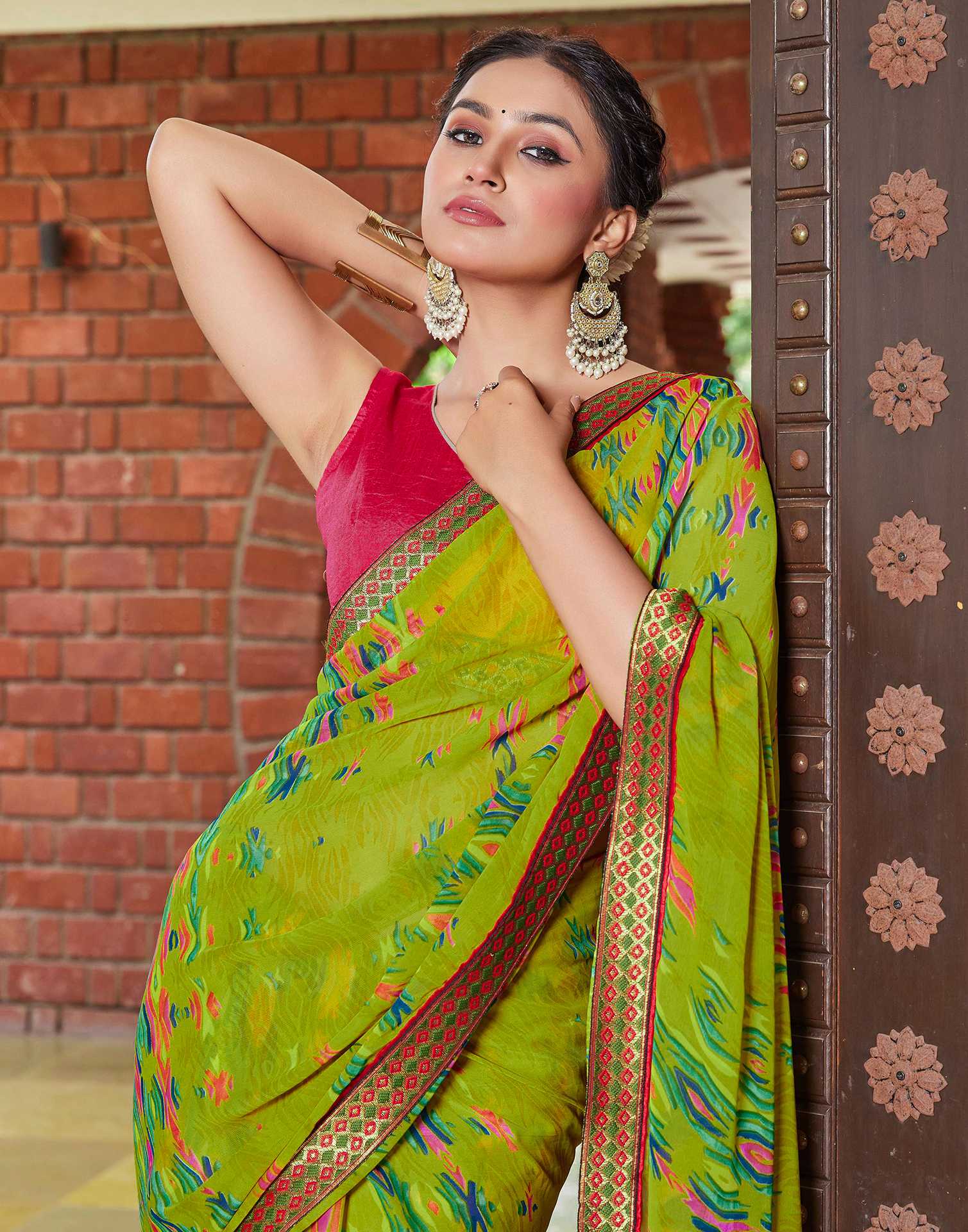 Green Chiffon Printed Saree