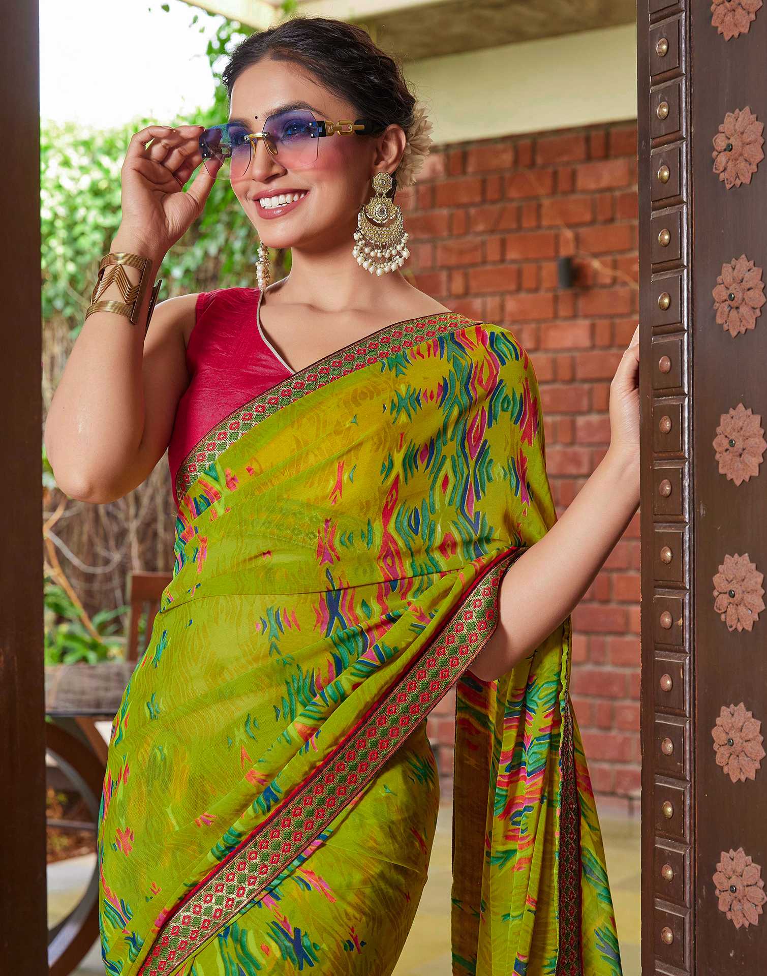 Green Chiffon Printed Saree