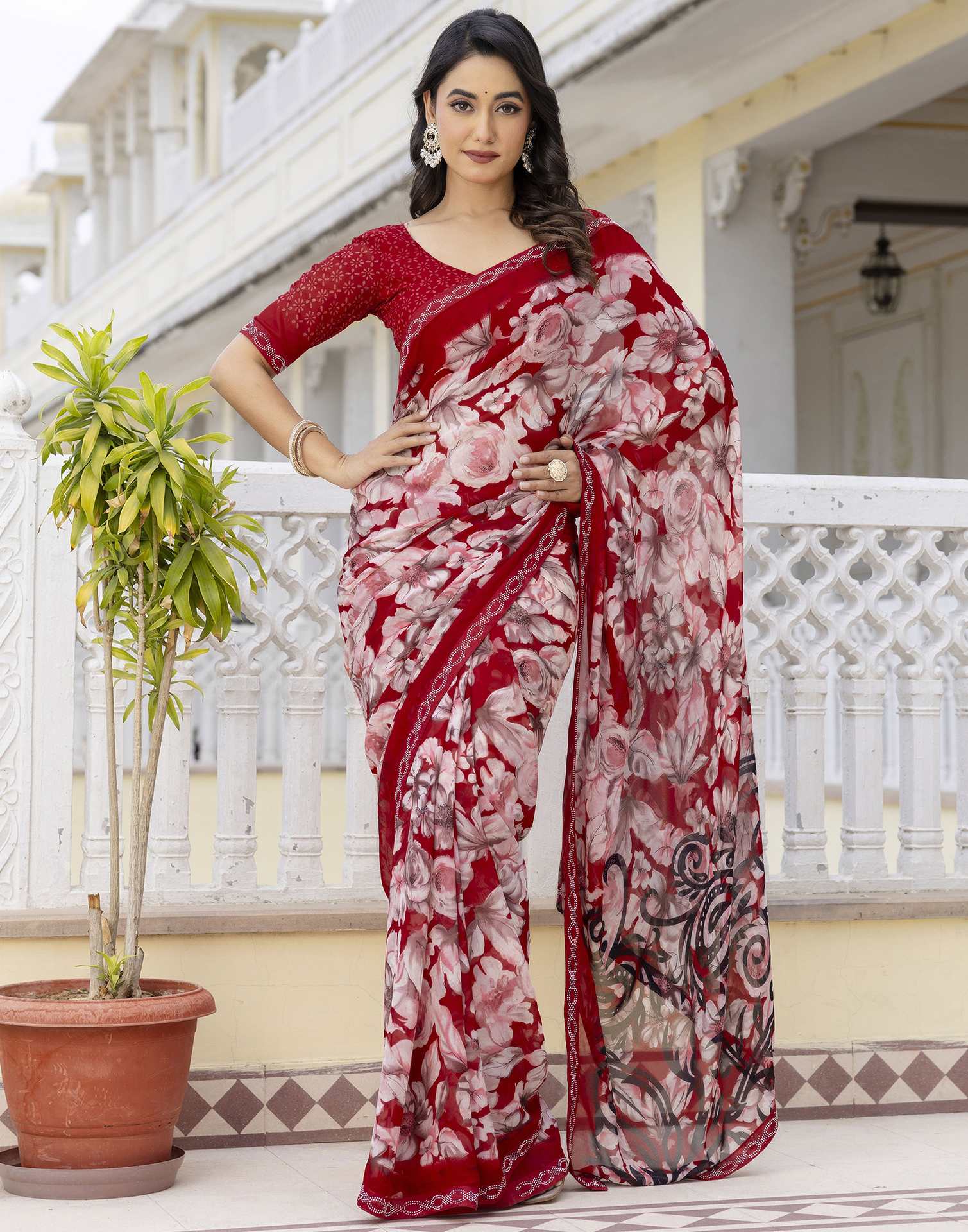 Red Georgette Stone Work Printed Saree