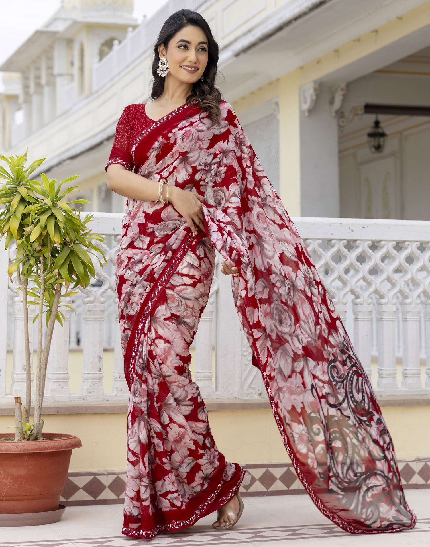 Red Georgette Stone Work Printed Saree
