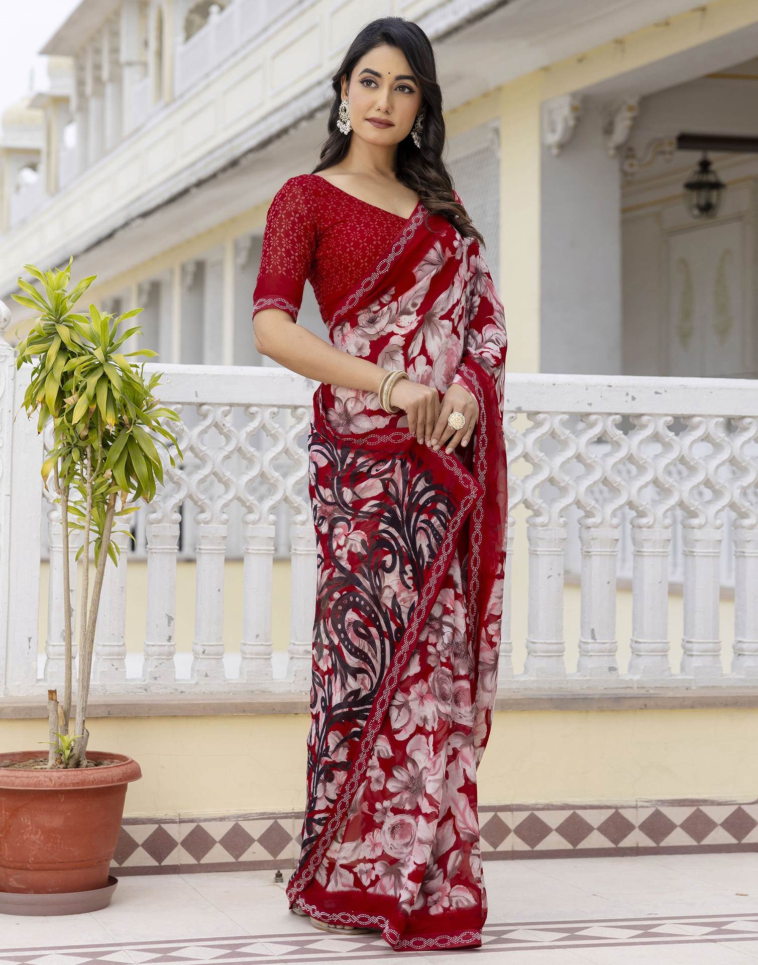 Red Georgette Stone Work Printed Saree
