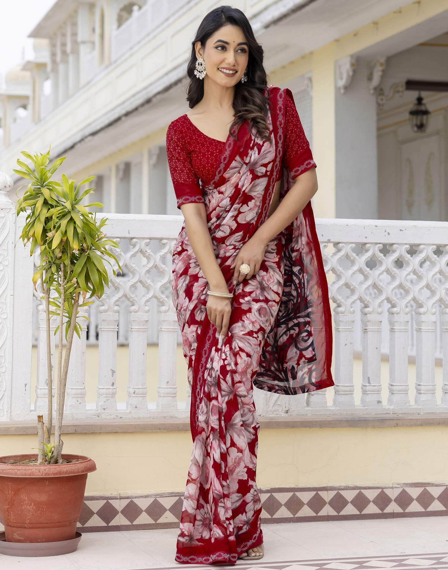 Red Georgette Stone Work Printed Saree