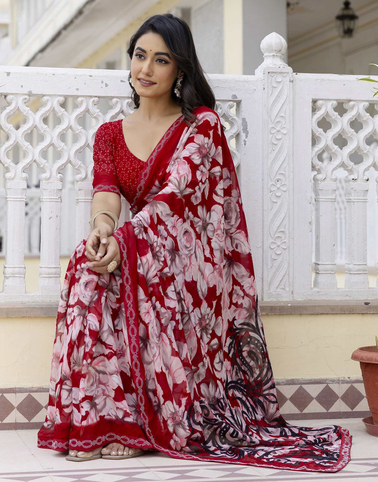 Red Georgette Stone Work Printed Saree