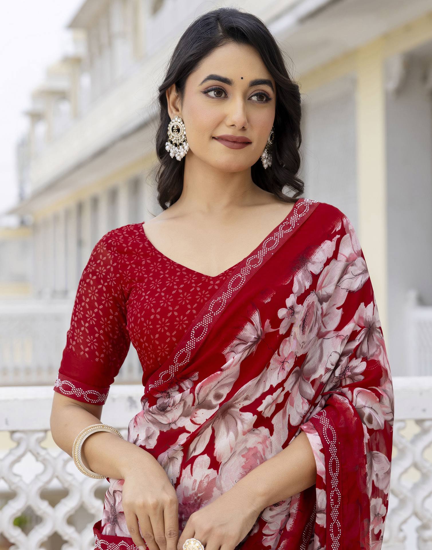 Red Georgette Stone Work Printed Saree