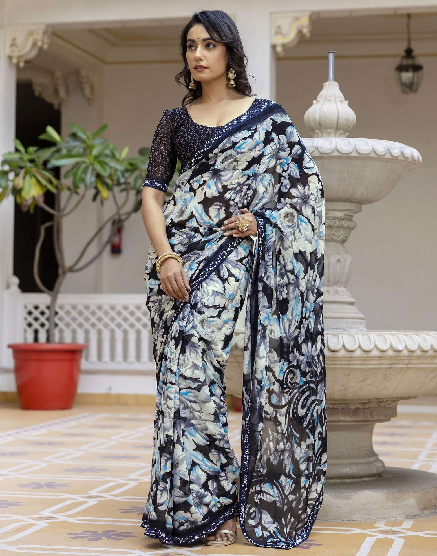 Black Georgette Stone Work Printed Saree