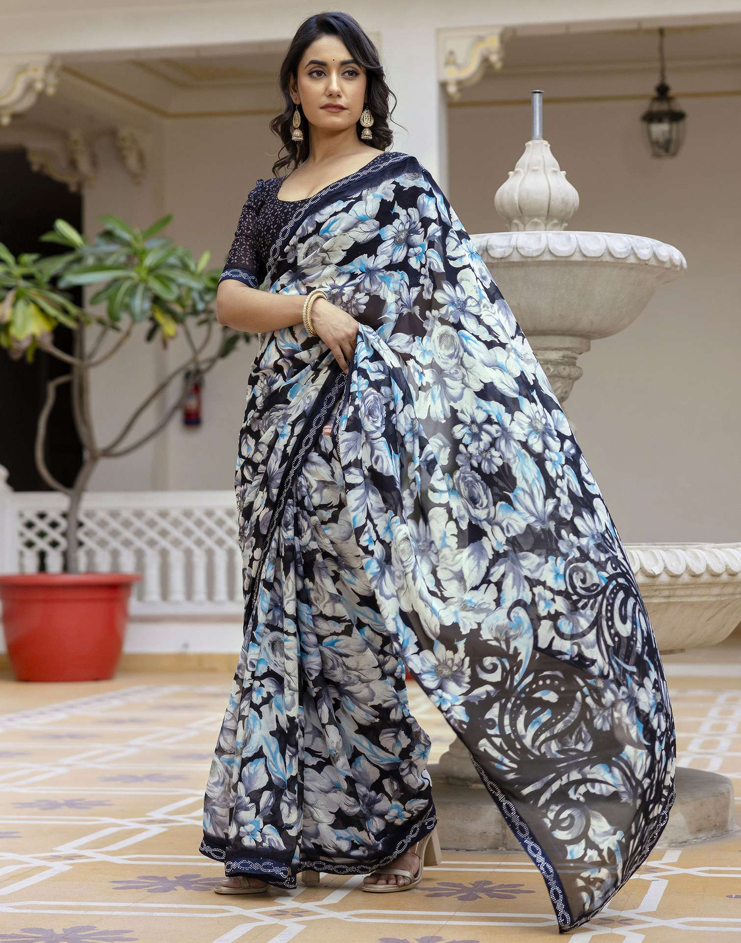 Black Georgette Stone Work Printed Saree