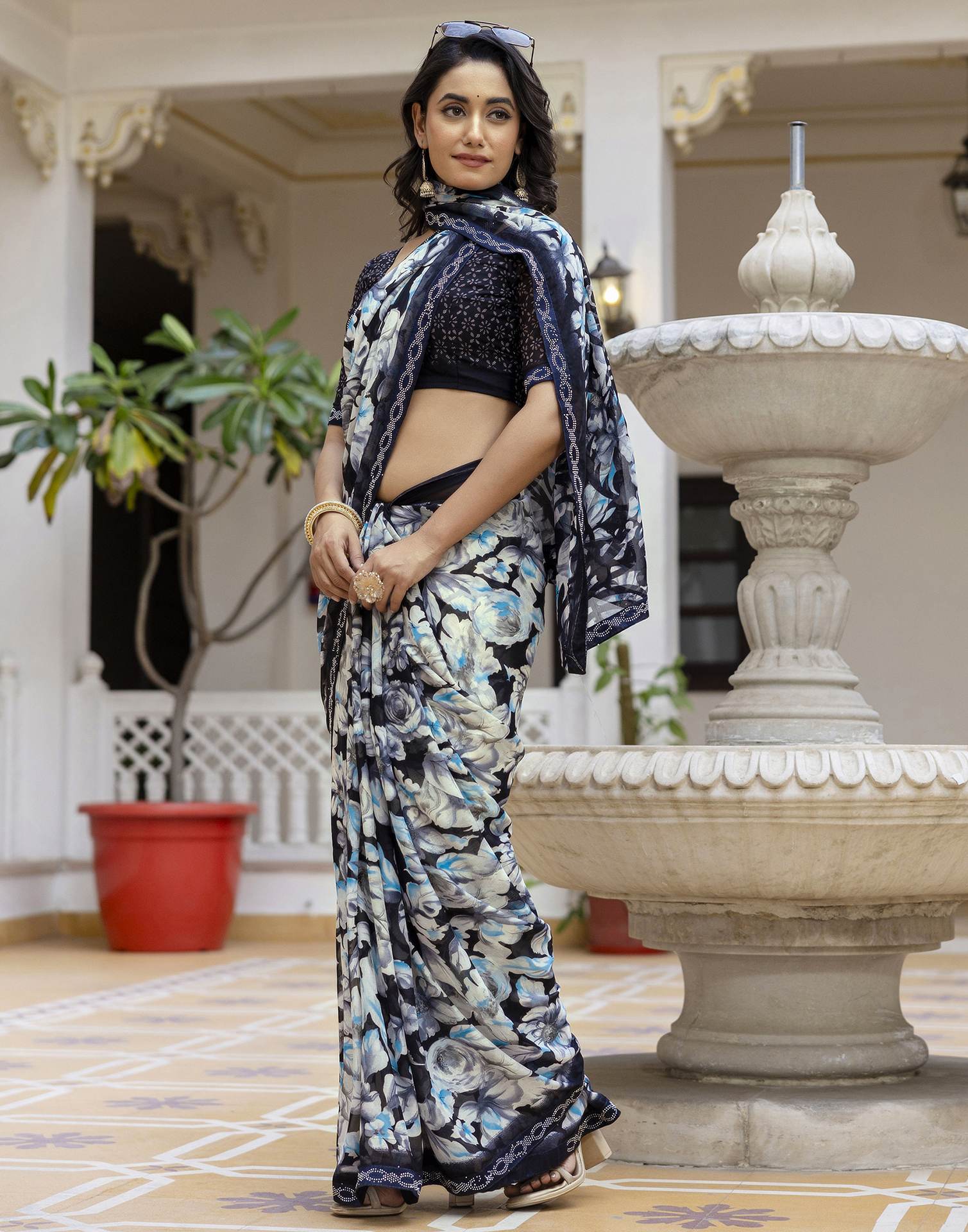 Black Georgette Stone Work Printed Saree